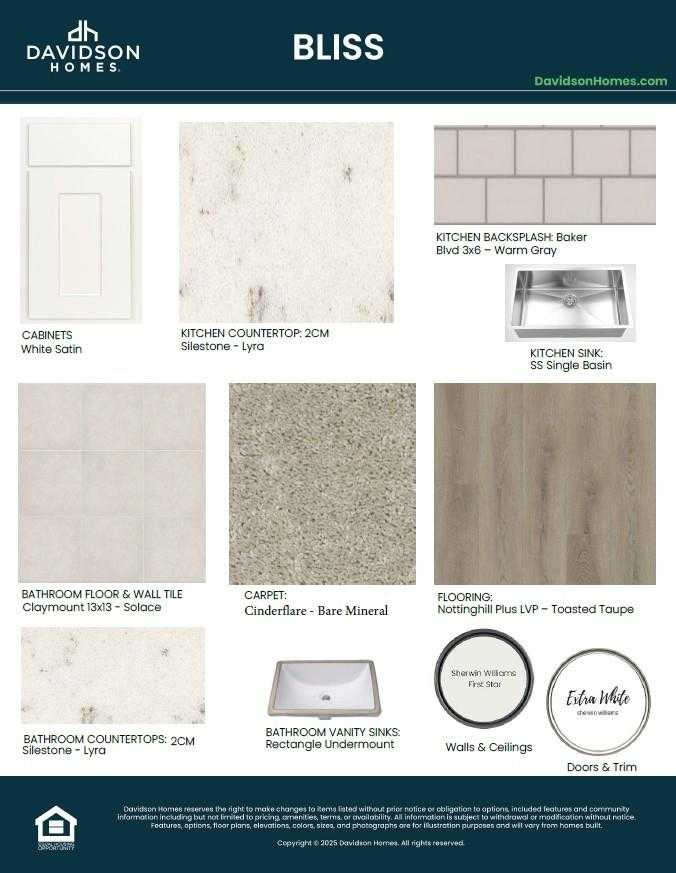Interior material swatches for Davidson Homes Bliss: warm oak cabinets, 3cm quartz counters, gray tile backsplash, Conroe TX