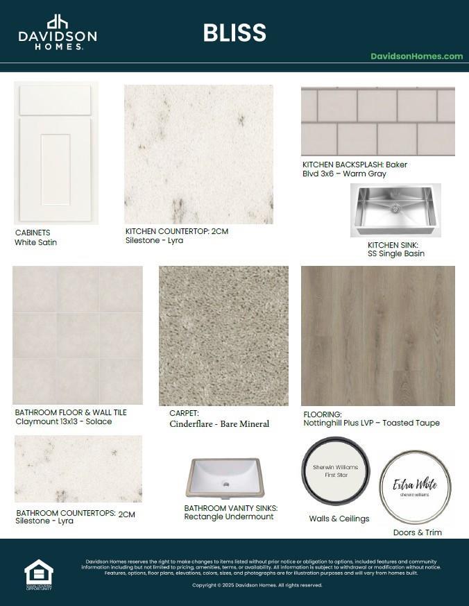 Interior material swatches for Davidson Homes Bliss: warm oak cabinets, 3cm quartz counters, gray tile backsplash, Conroe TX