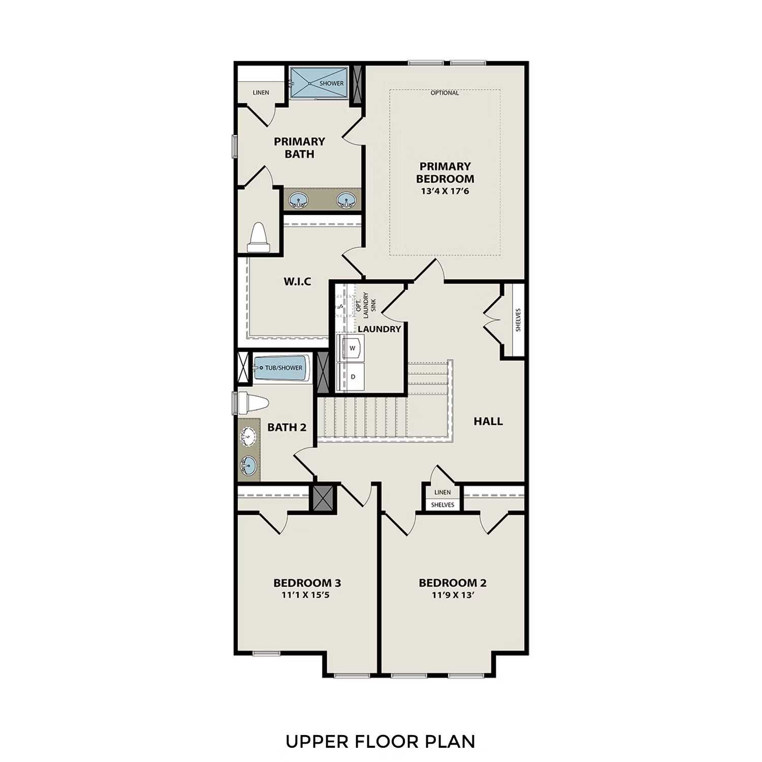 Upper floor plan of The Wake D: 12x17 primary suite with bath and WIC, plus two bedrooms and full bath in Wylie, Texas