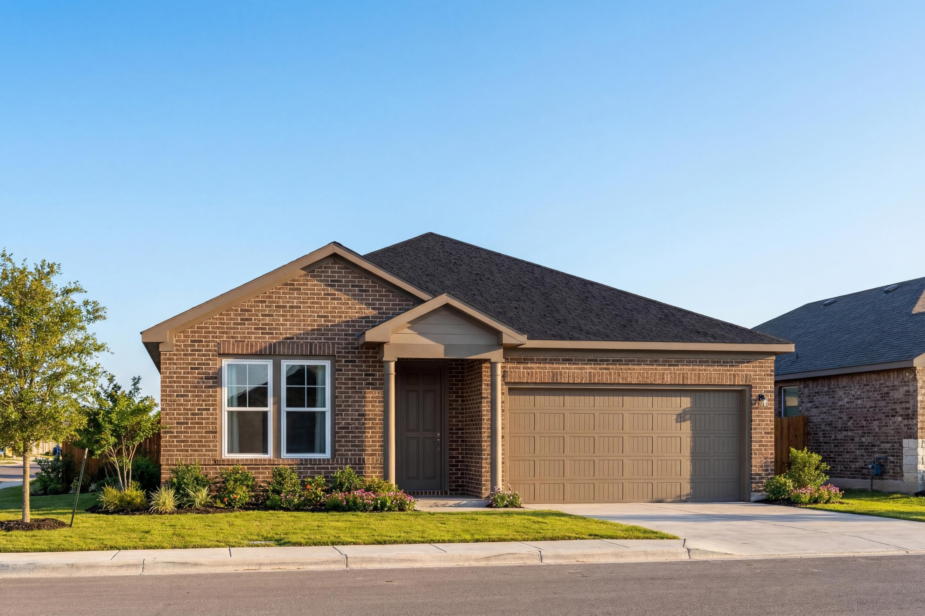 Modern single-story brick Daphne I home elevation with 2-car garage, front porch, and lush landscaped yard in San Antonio