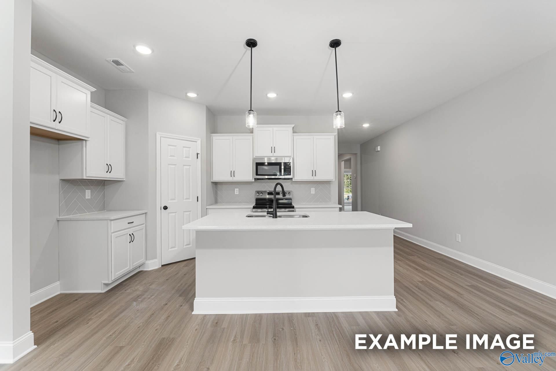 Modern white kitchen with large island, stainless appliances, and pendant lights in Davidson Homes The Daphne D, Meridianville, AL