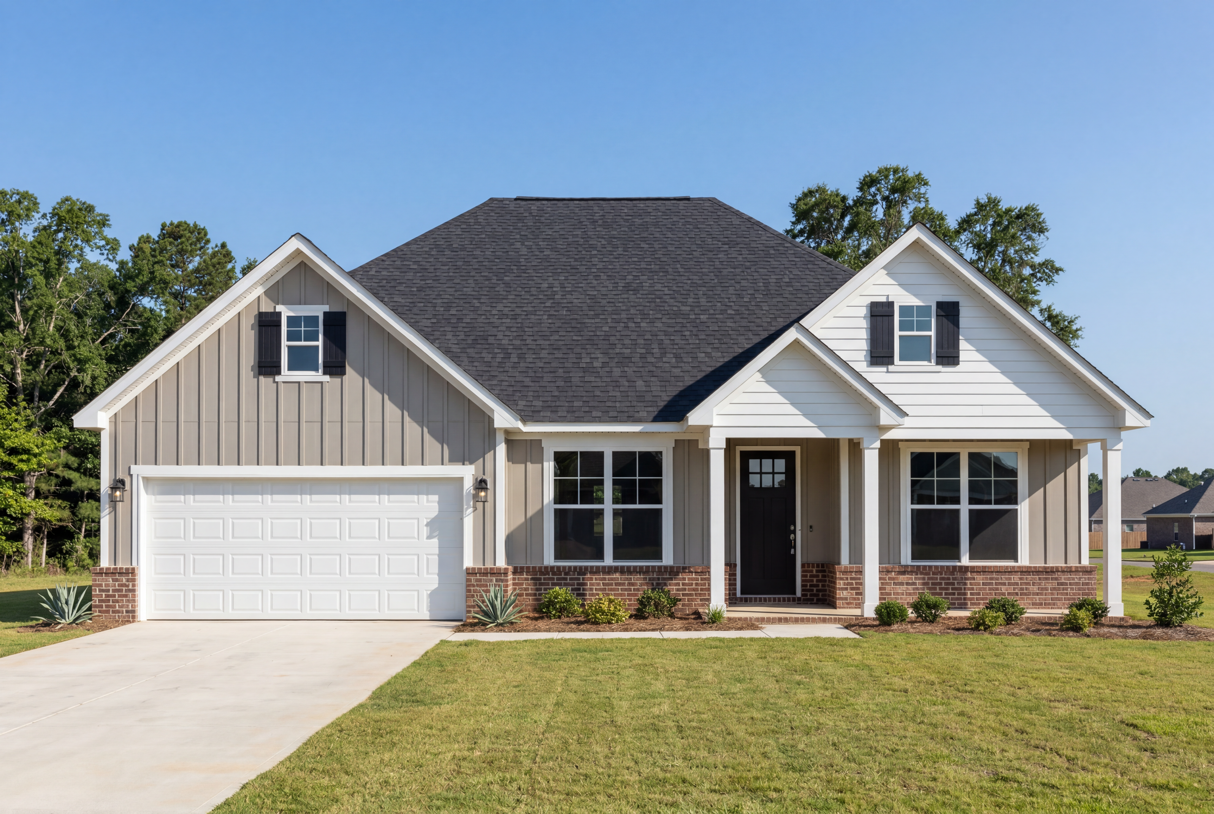 Exterior elevation of The Harrison C in Cullman, Alabama, featuring a one-story design with brick, siding, and garage.