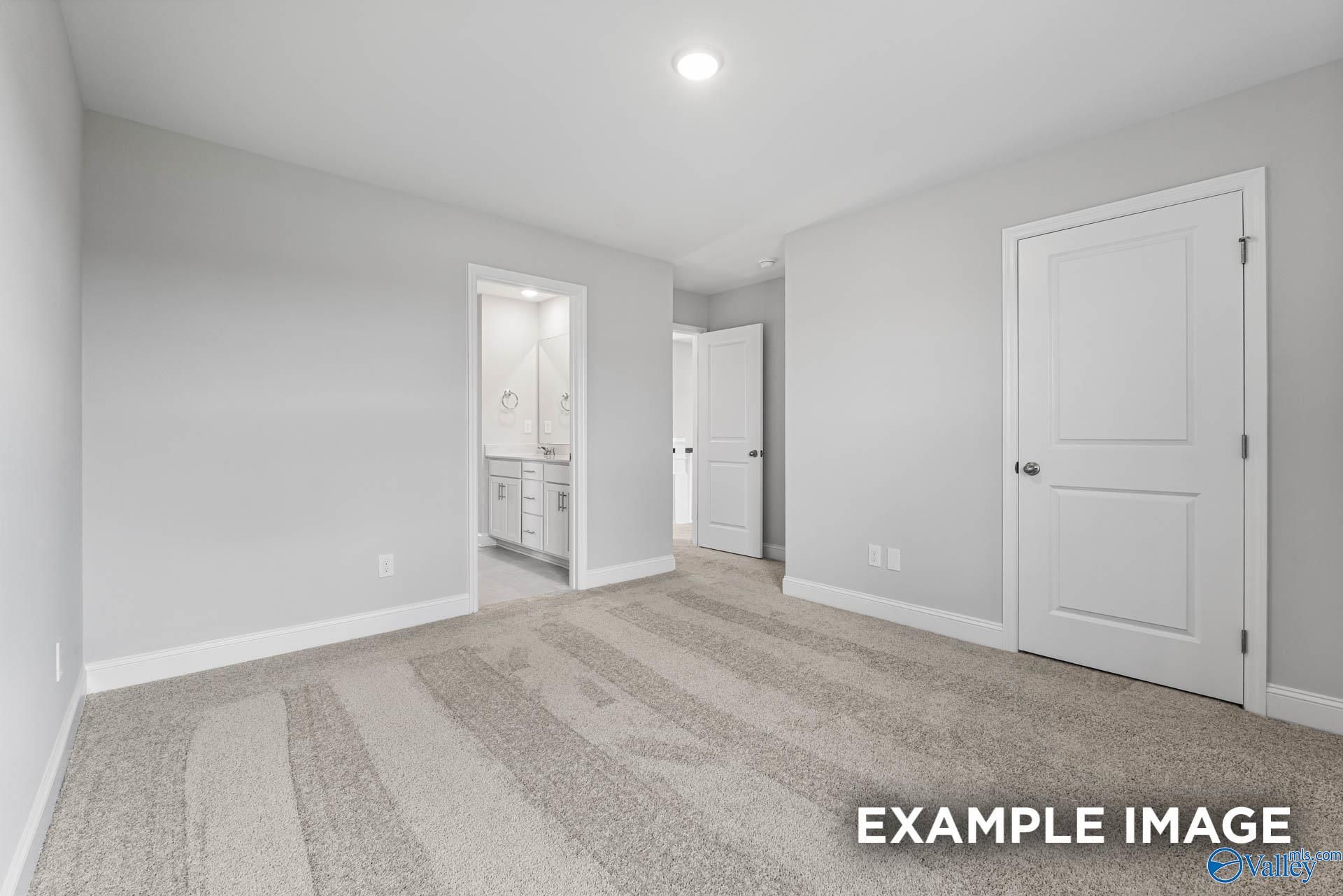 Bright bedroom featuring gray walls, en-suite bathroom with vanity, white doors, and plush carpet in Davidson Homes The Madison A, Harvest, Alabama