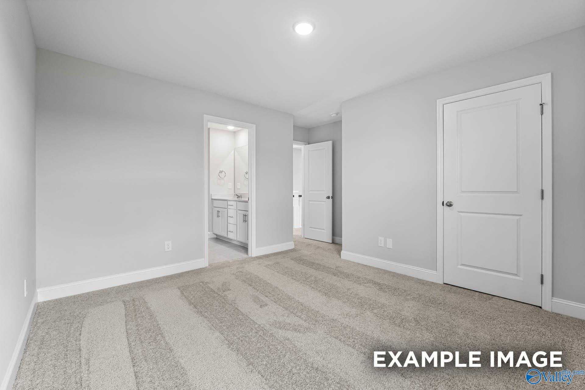 Bright bedroom featuring gray walls, en-suite bathroom with vanity, white doors, and plush carpet in Davidson Homes The Madison A, Harvest, Alabama