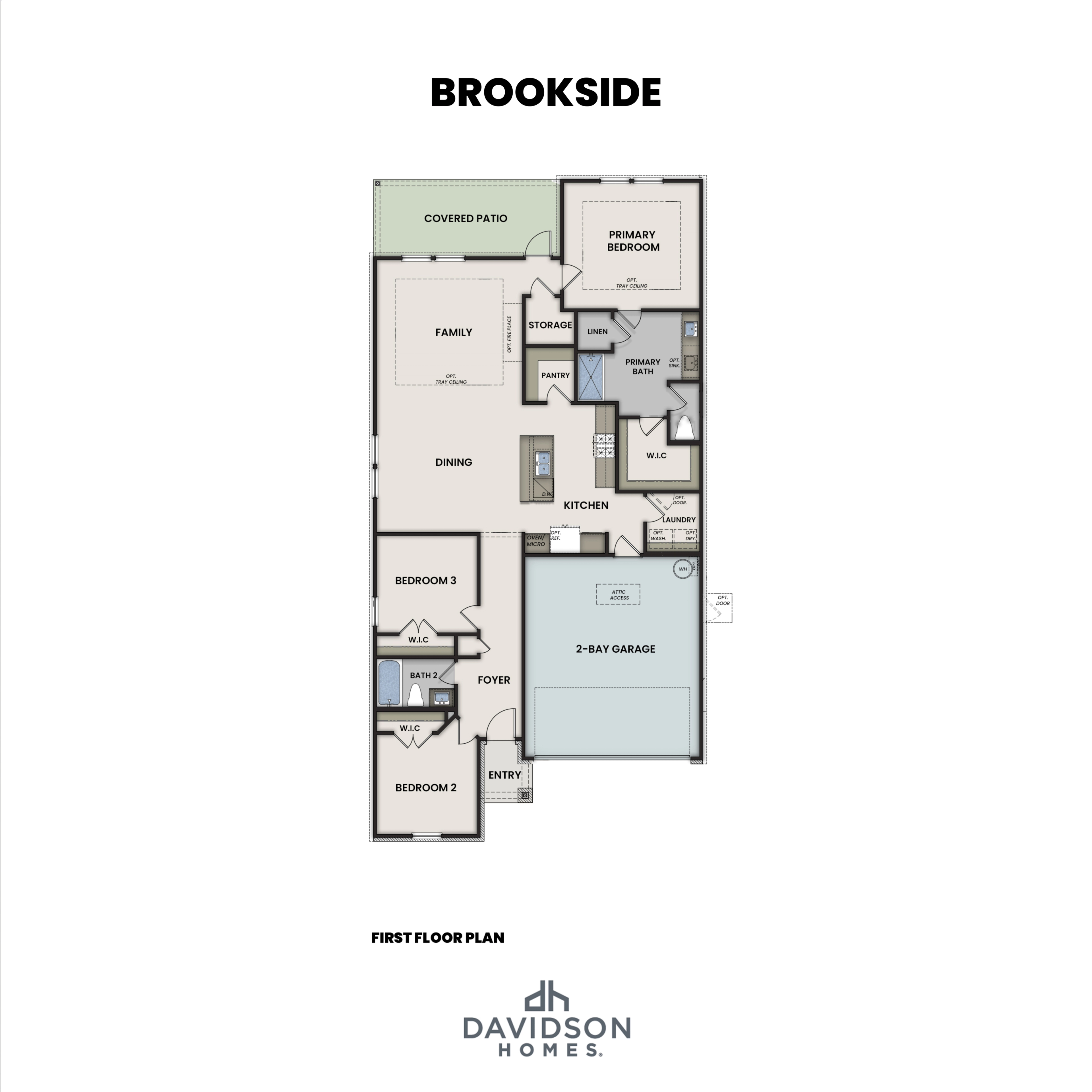 First floor plan of Brookside 3-bedroom home by Davidson Homes, featuring open kitchen, dining, primary suite, and 2-car garage