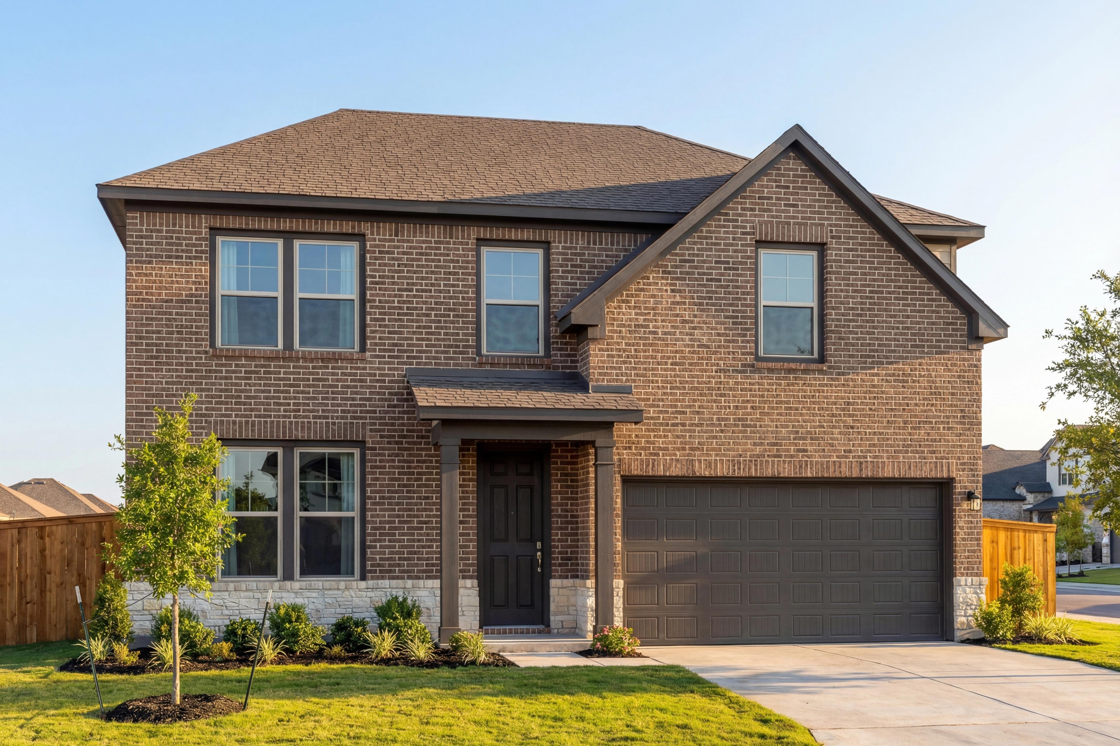 Two-story brick facade of The Murray J home with front porch, 2-car garage, and manicured lawn in San Antonio
