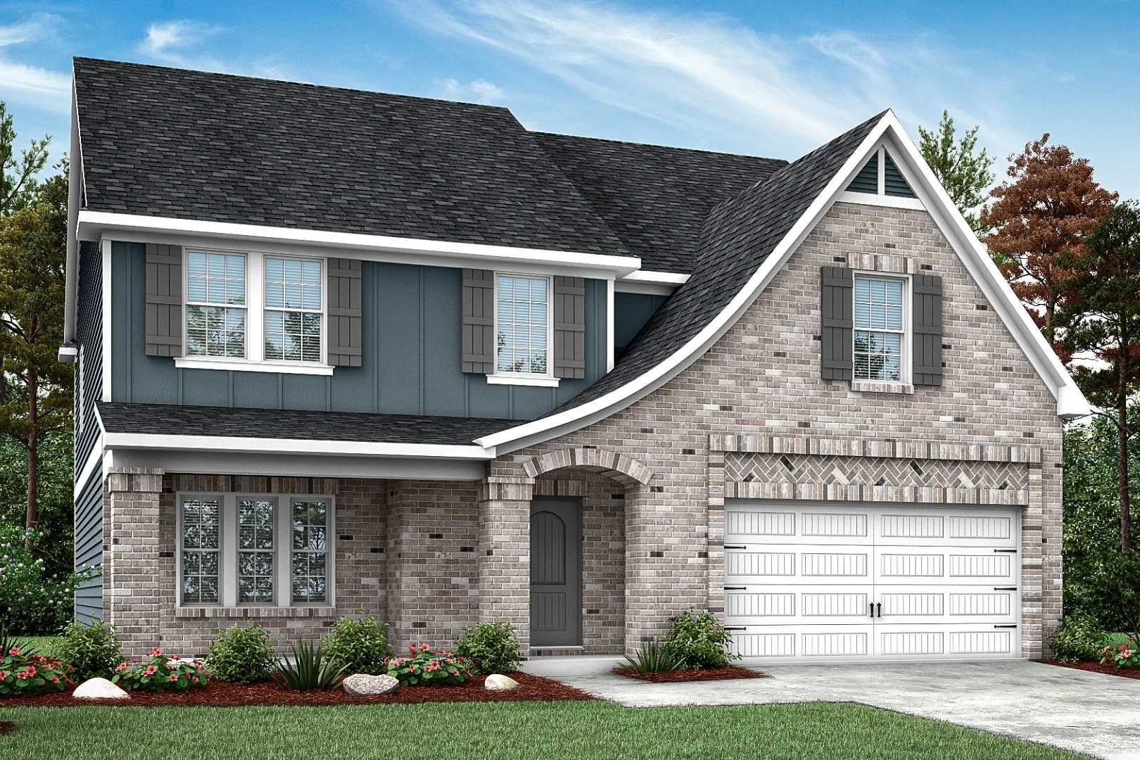 Two-story craftsman home exterior at Links Crossing in Auburn, Alabama with brick facade, navy siding, gabled roof, and attached garage