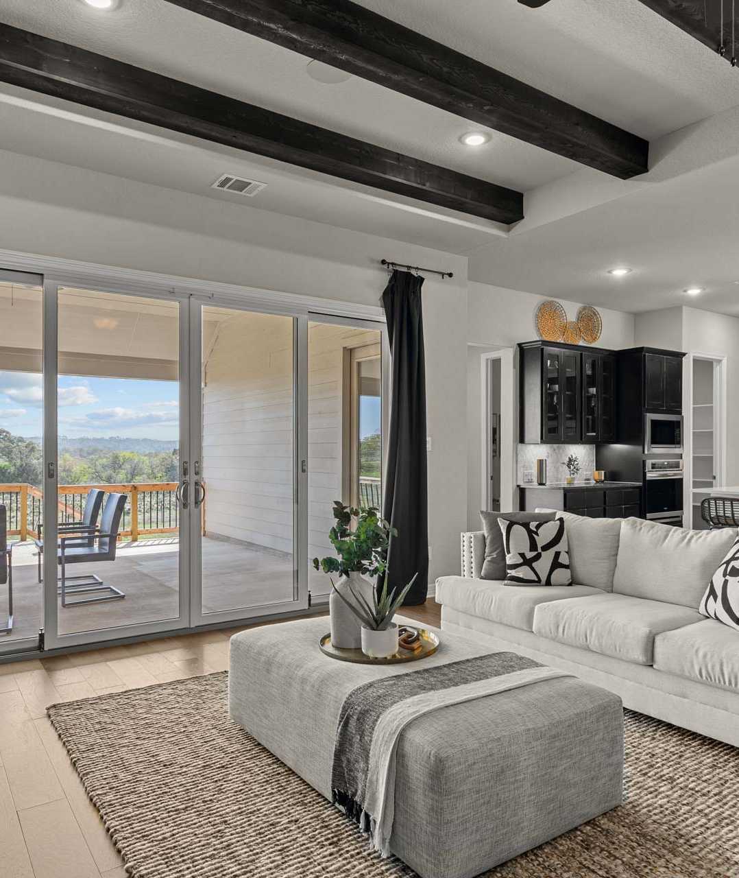 Spacious open-concept living room at Potranco Oaks in Castroville TX with hardwood floors modern sofa sliding doors to scenic patio and sleek kitchen