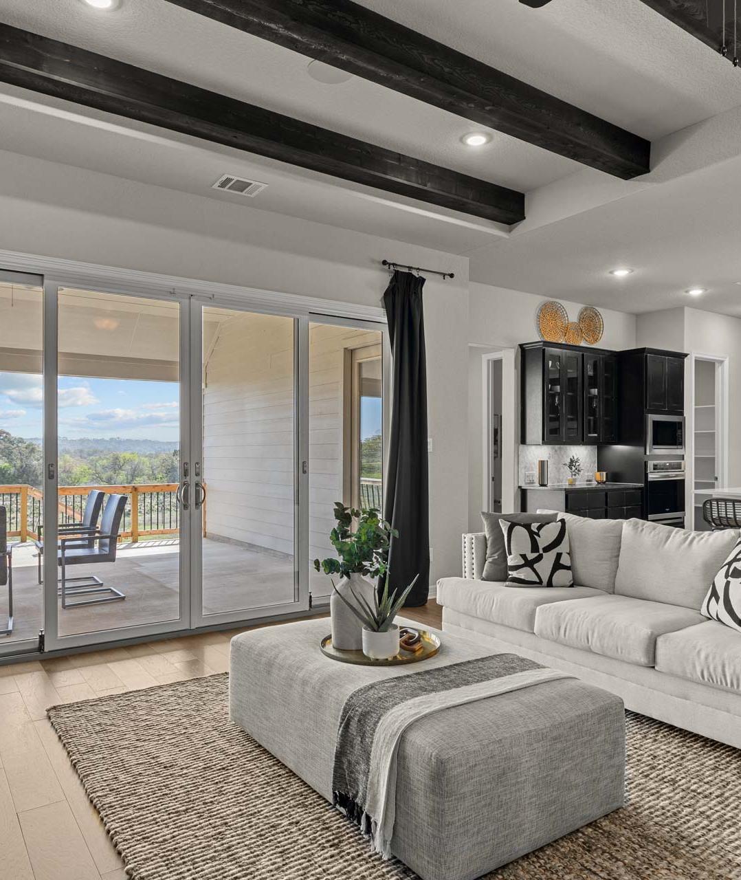 Spacious open-concept living room at Potranco Oaks in Castroville TX with hardwood floors modern sofa sliding doors to scenic patio and sleek kitchen