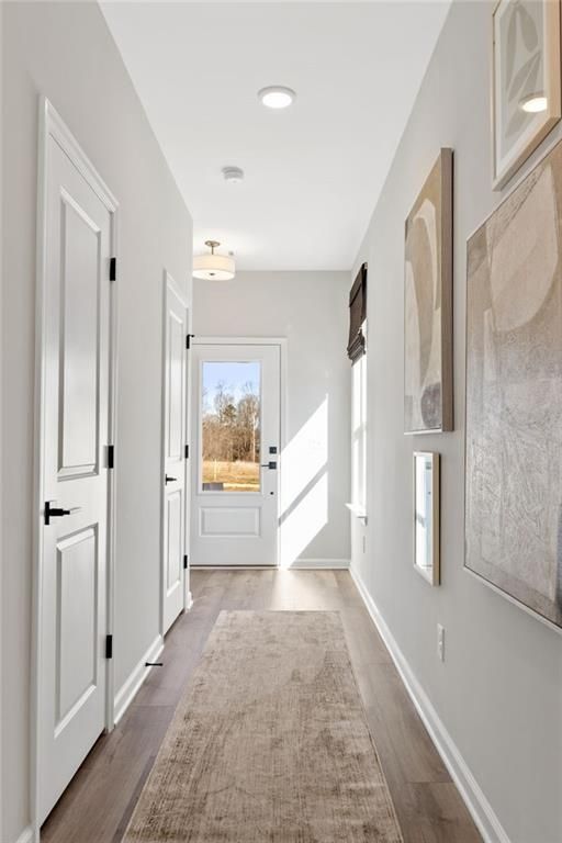 Bright entryway hallway with modern decor and light wood flooring in The Rabun B floor plan at The Bluffs, Canton.