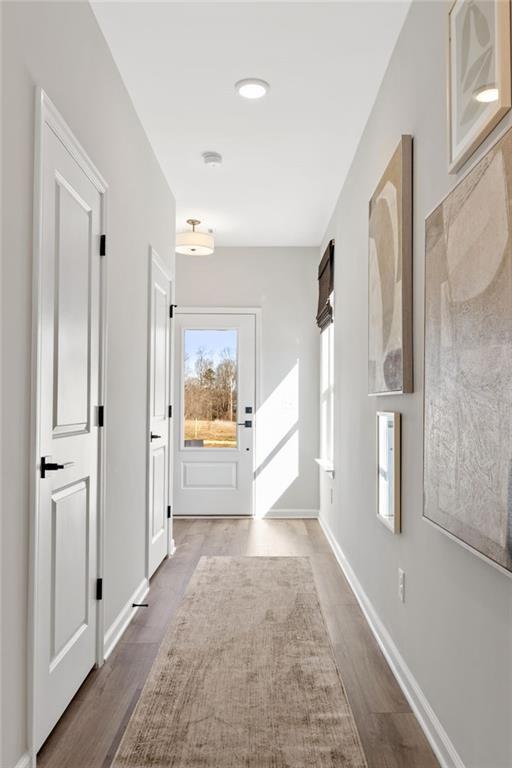 Bright entryway hallway with modern decor and light wood flooring in The Rabun B floor plan at The Bluffs, Canton.