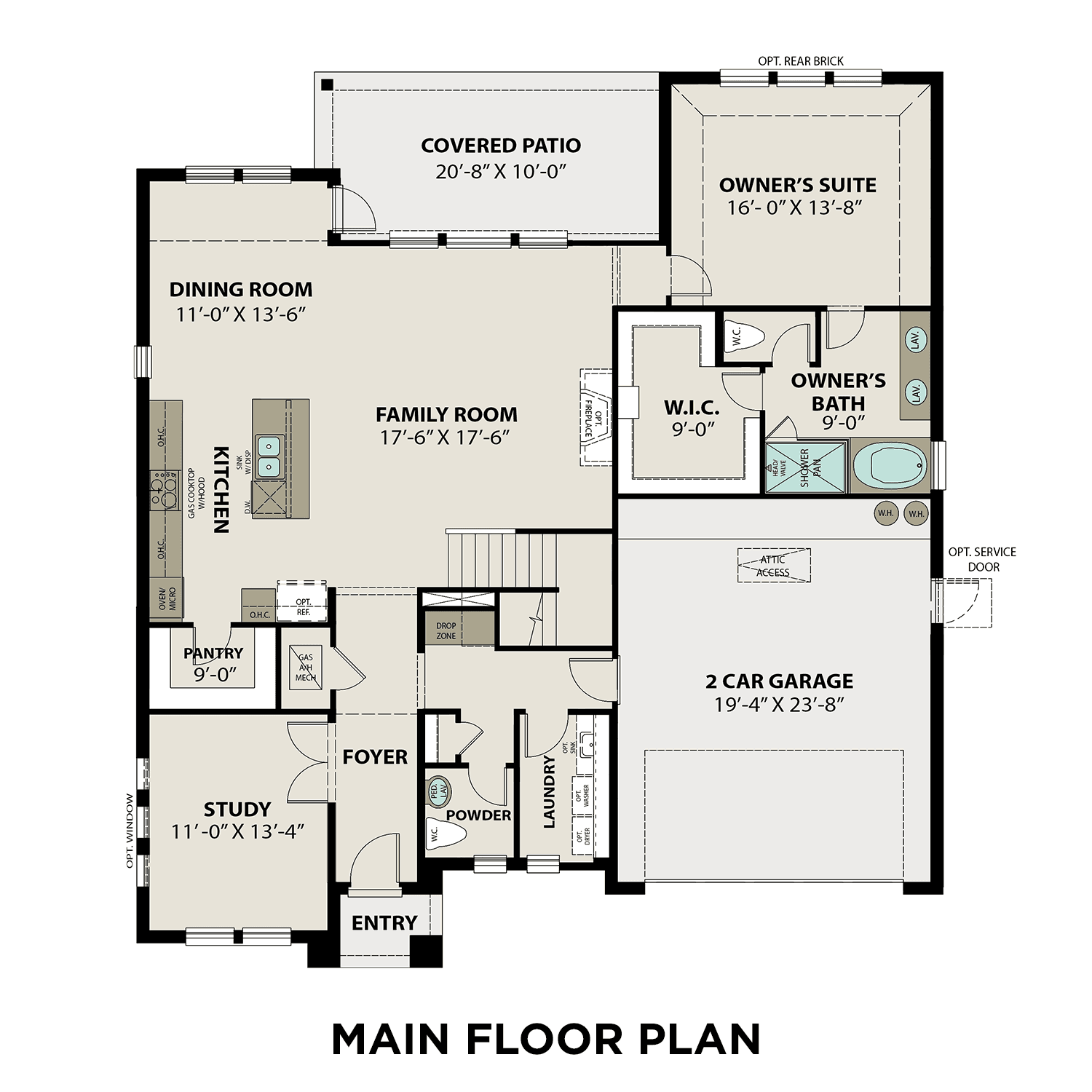 First floor plan of The Philip A featuring open-concept kitchen, dining, family room, and main-floor owner's suite