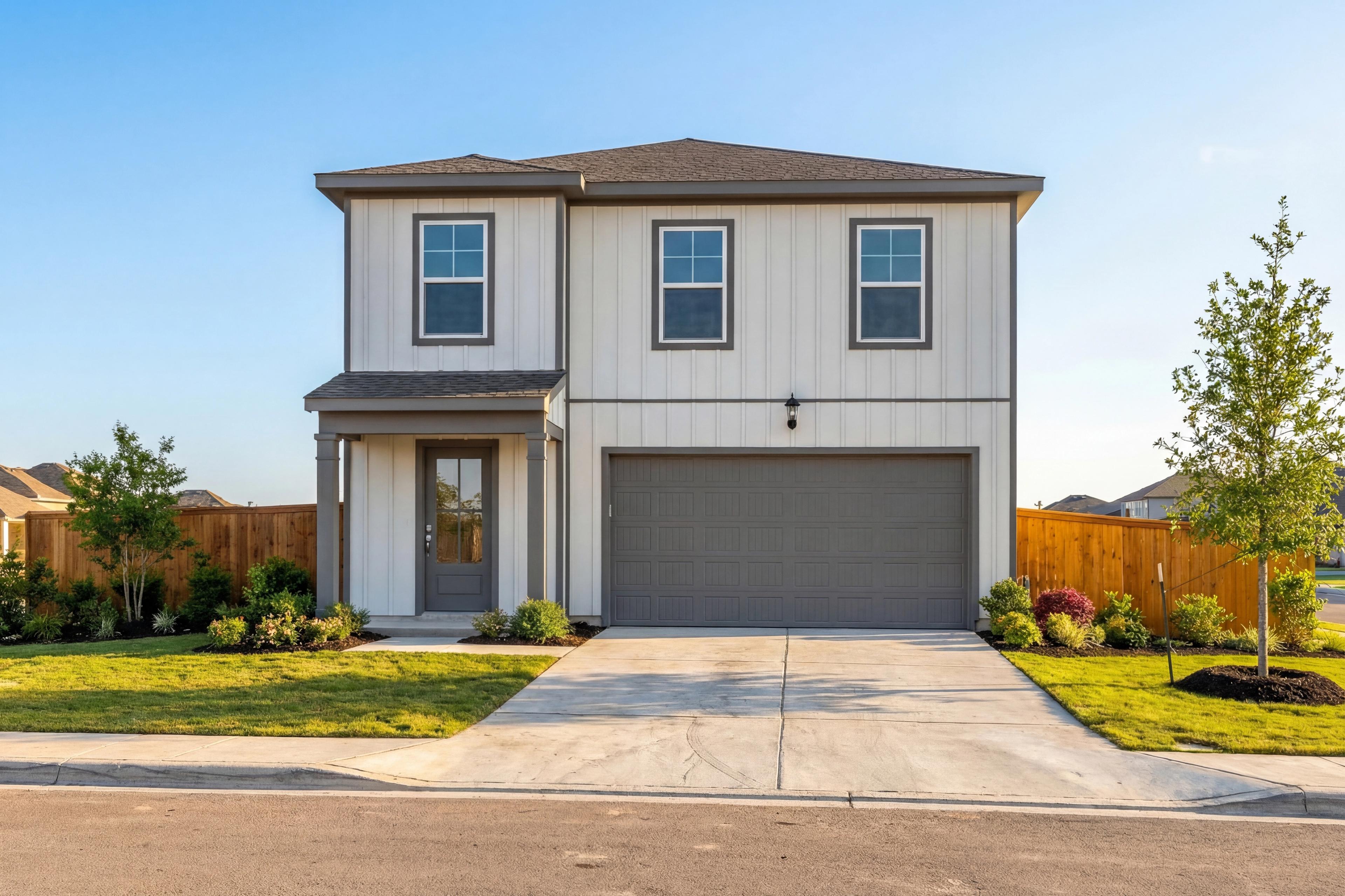 Modern two-story Trinity A home elevation by Davidson Homes in San Antonio with board and batten siding, covered porch, and landscaped yard