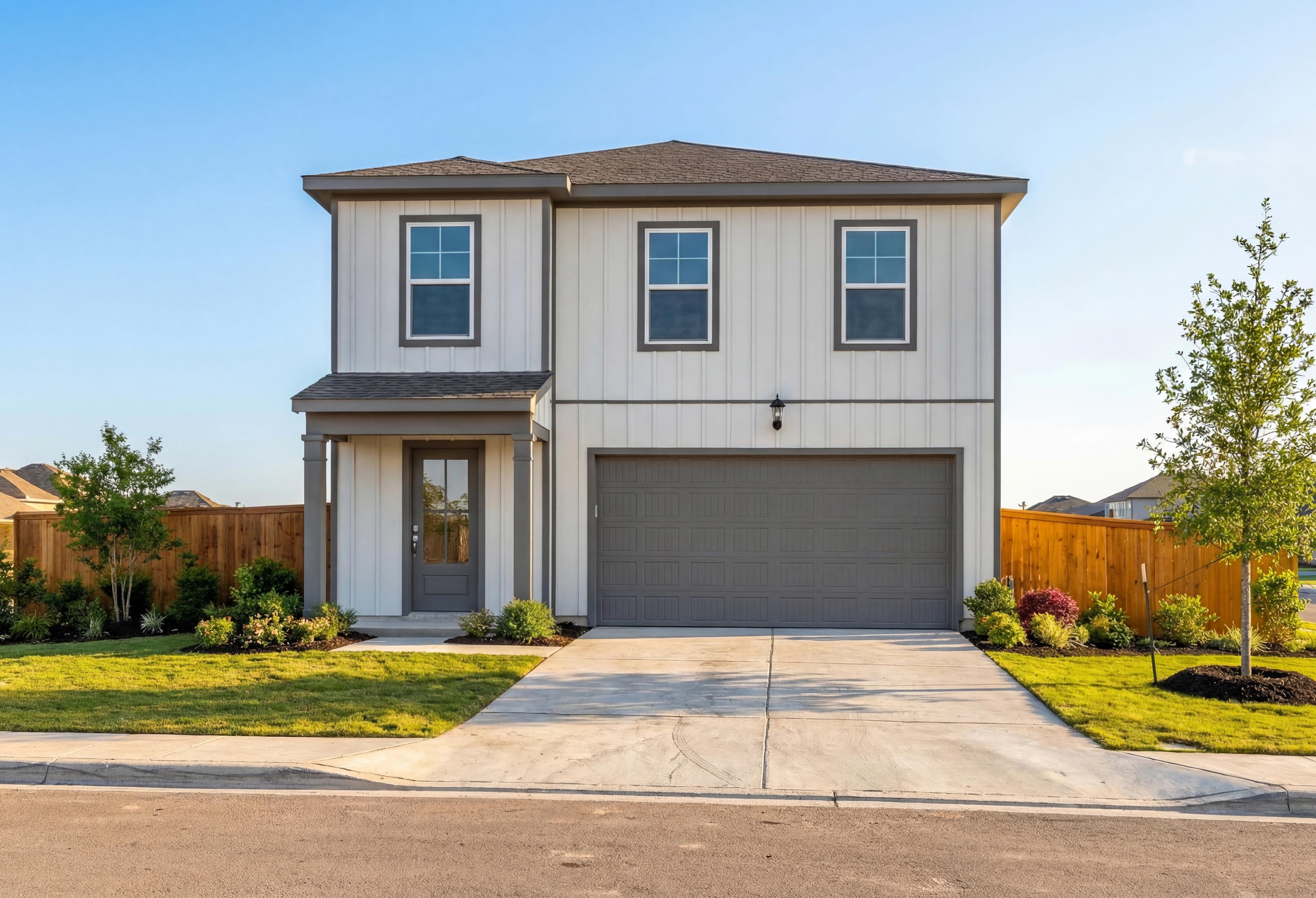 Modern two-story Trinity A home elevation by Davidson Homes in San Antonio with board and batten siding, covered porch, and landscaped yard