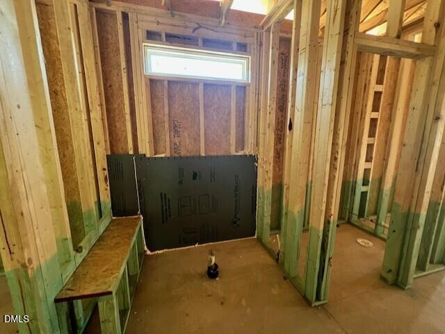 Framing of master bathroom shower in The Franklin C floor plan at Wellers Knoll, Lillington, North Carolina.