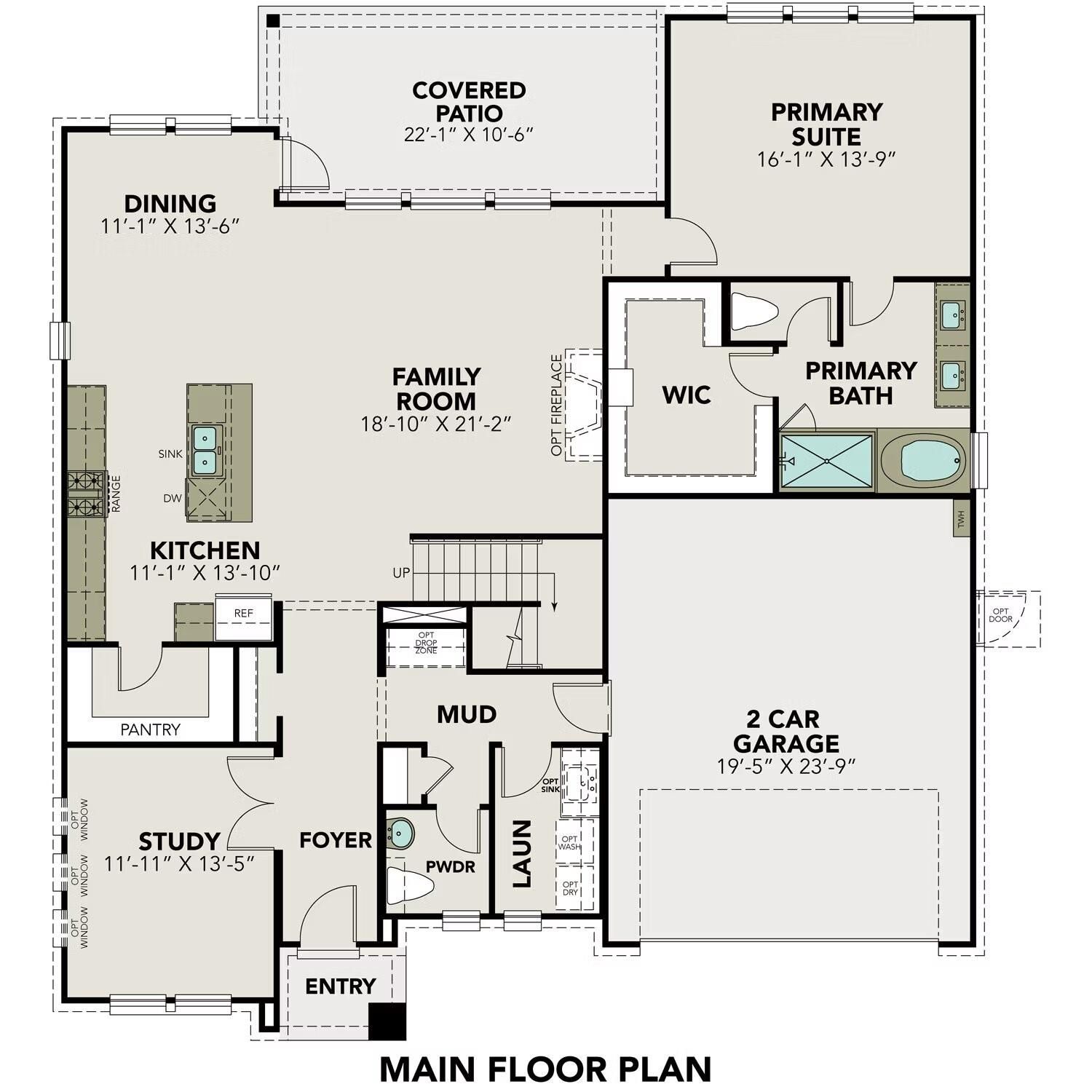 Main floor plan of Davidson Homes The Philip A: open kitchen, family room, primary suite, 3-car garage in Lago Mar, Texas City