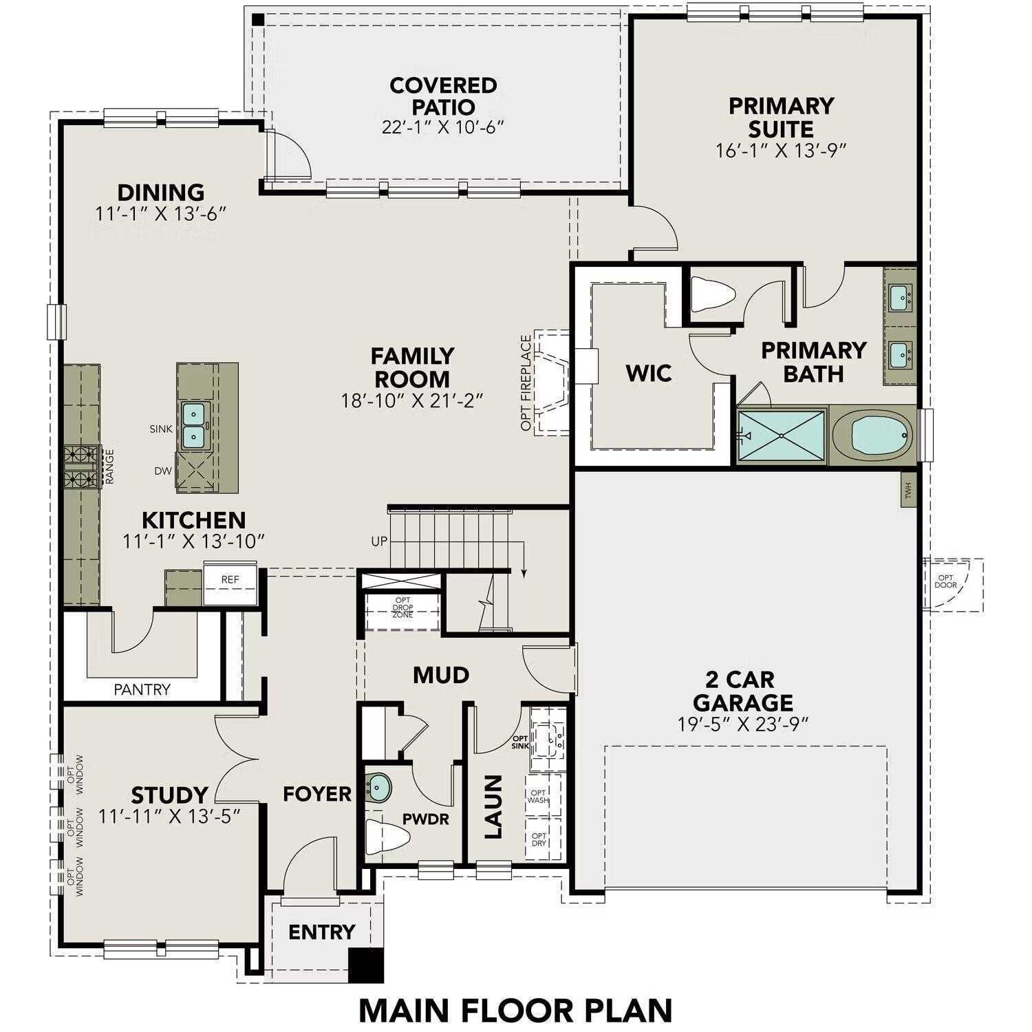 Main floor plan of The Philip A 4-bedroom home by Davidson Homes in Lago Mar, Texas City, Texas with open kitchen, family room, primary suite