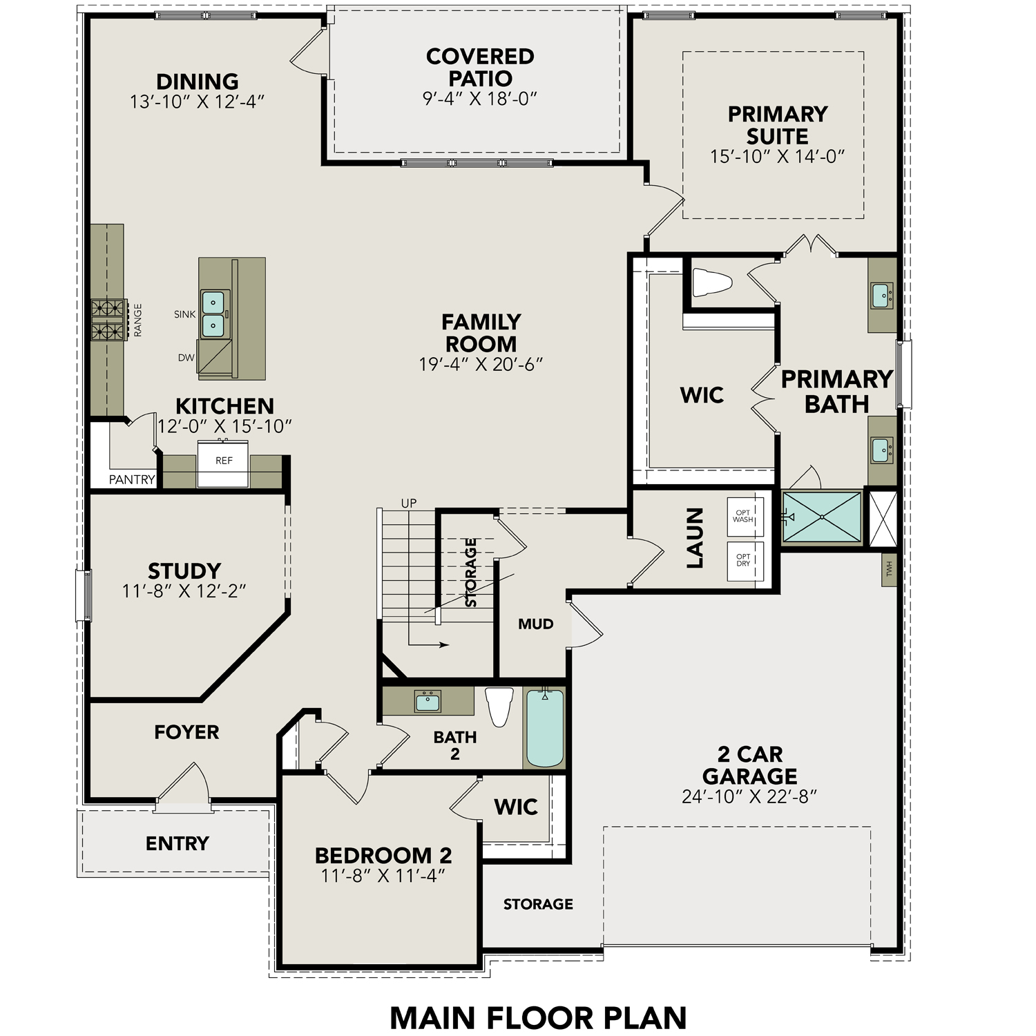 First floor plan of The Jennings G showcasing primary suite, open kitchen, family room, and two-car garage