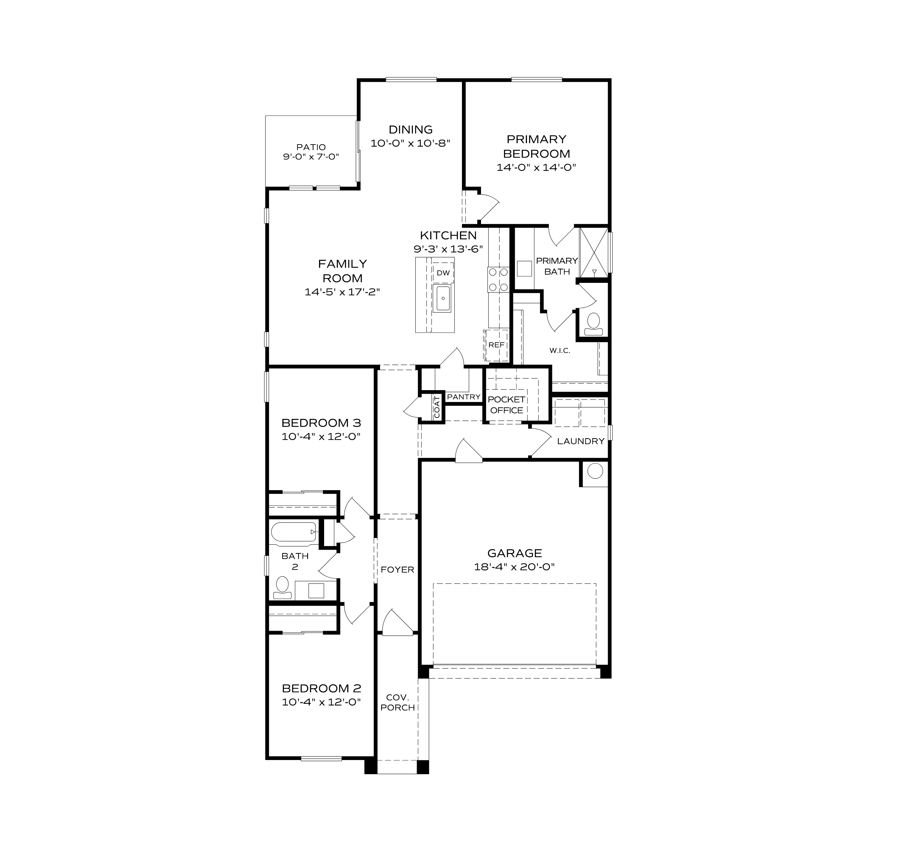 The Newport floor plan by Davidson Homes: 3-bedroom 1-story layout with open kitchen, dining, family room, primary suite, office, and 2-car garage