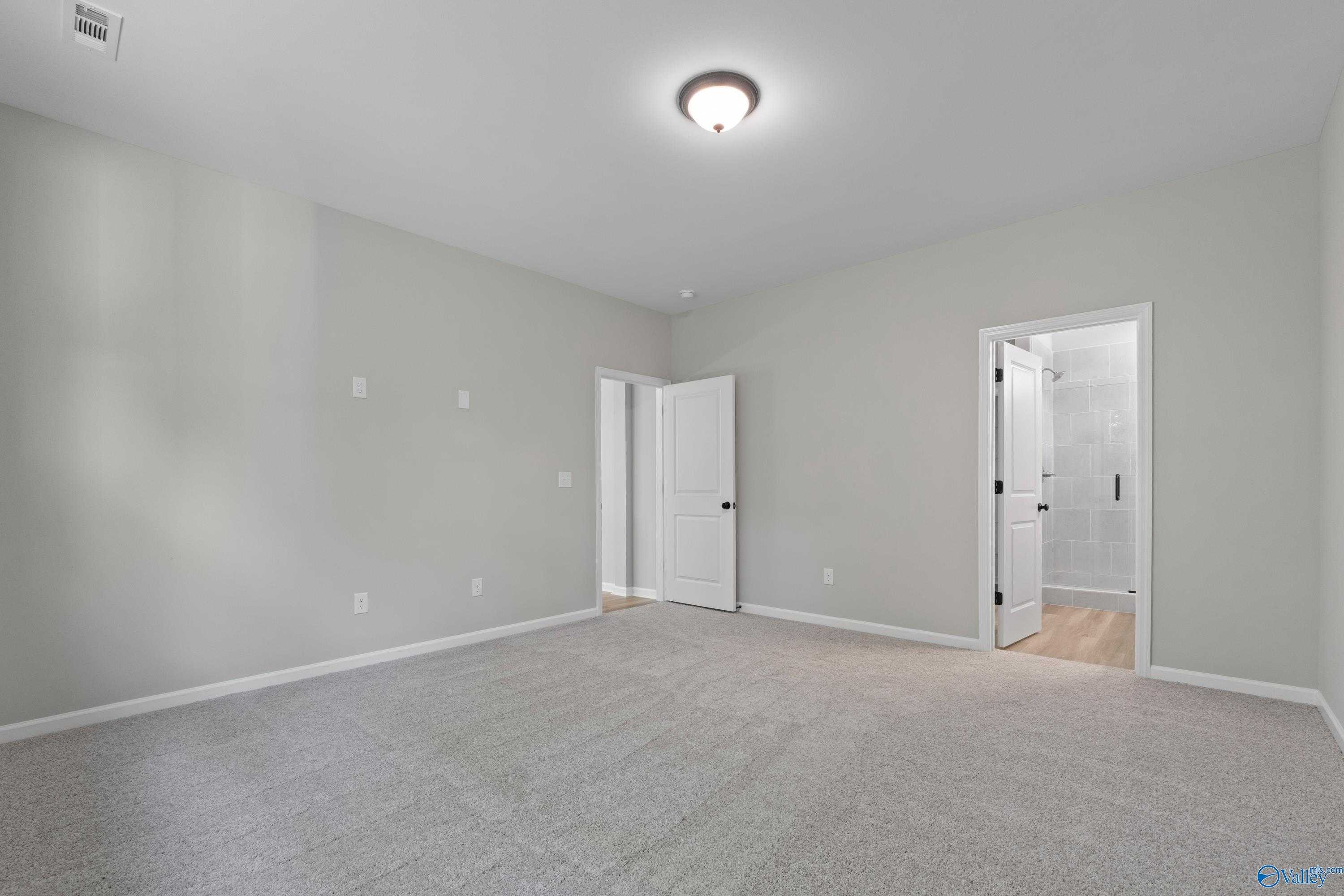 Spacious bedroom with light gray walls, gray carpet, en-suite bath door in Davidson Homes The Phoenix, Fayetteville, TN