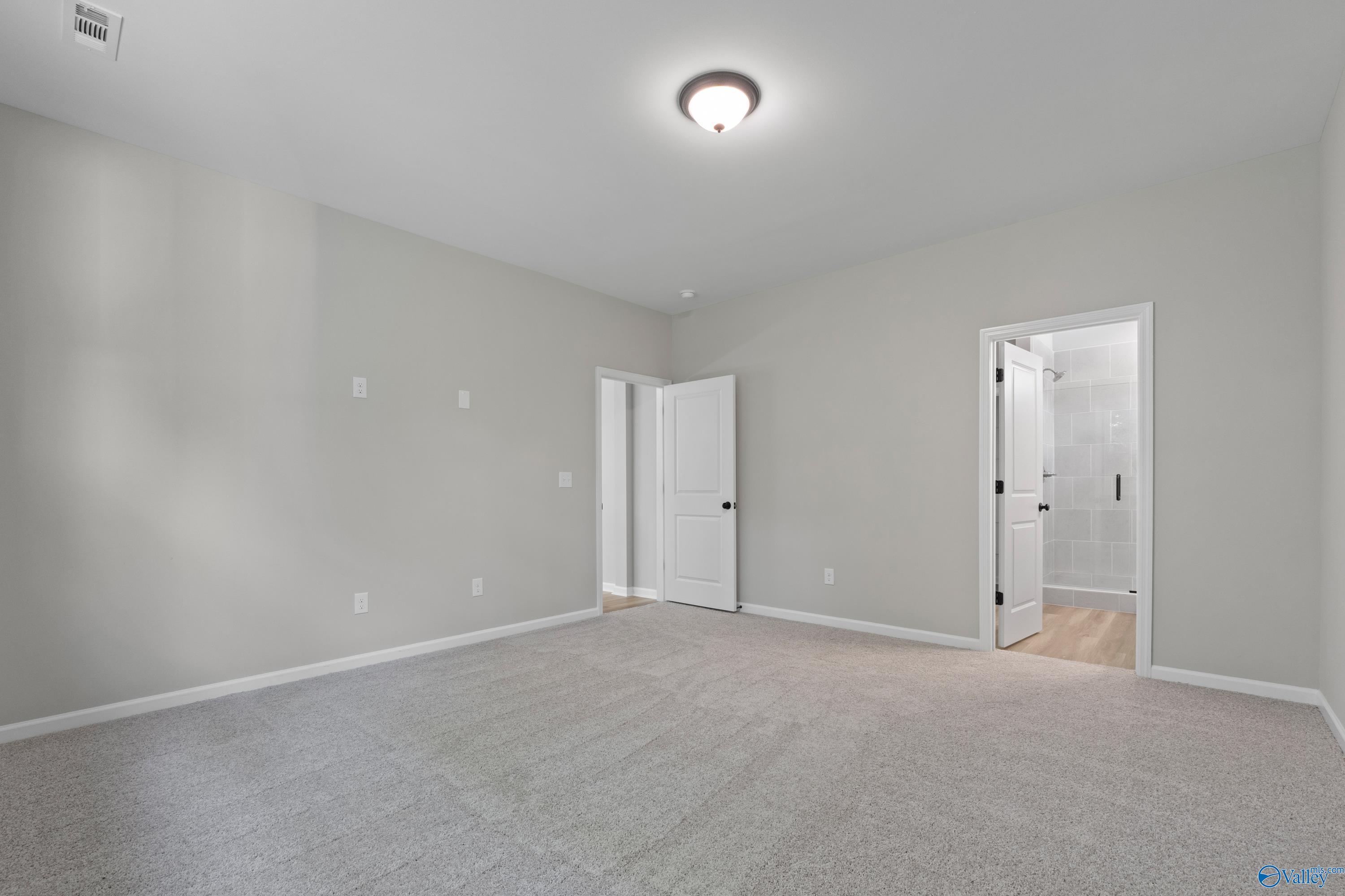 Spacious bedroom with gray walls, plush carpet flooring, and en-suite bathroom door in Davidson Homes The Phoenix, Fayetteville, TN