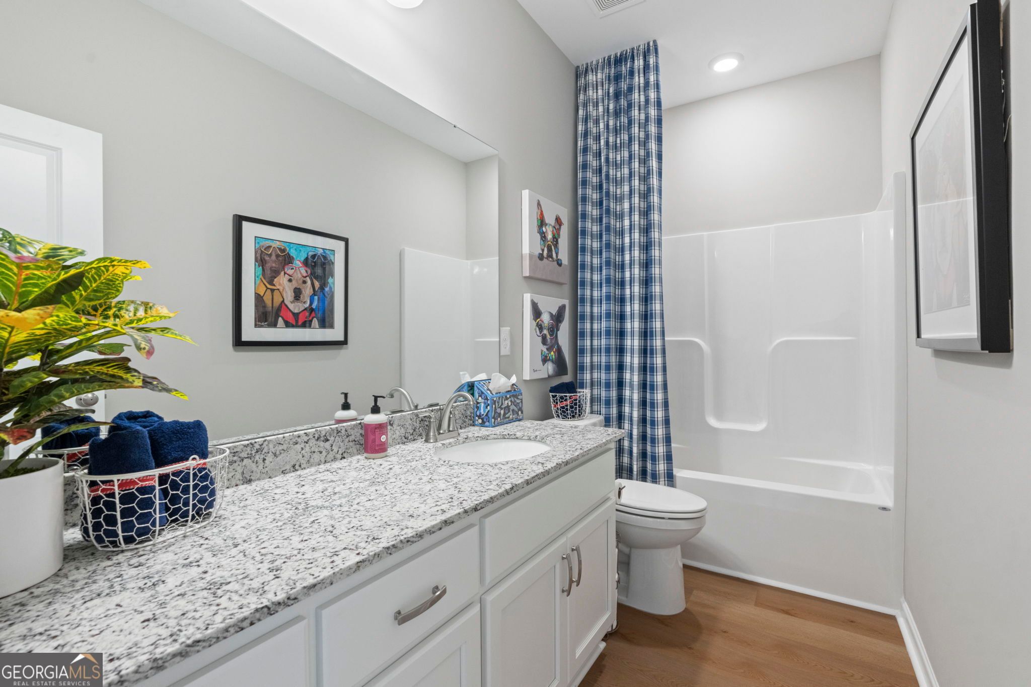 Modern guest bathroom with granite vanity, white cabinets, bathtub, and dog art in Evermore Homes The Phoenix, Perry, GA