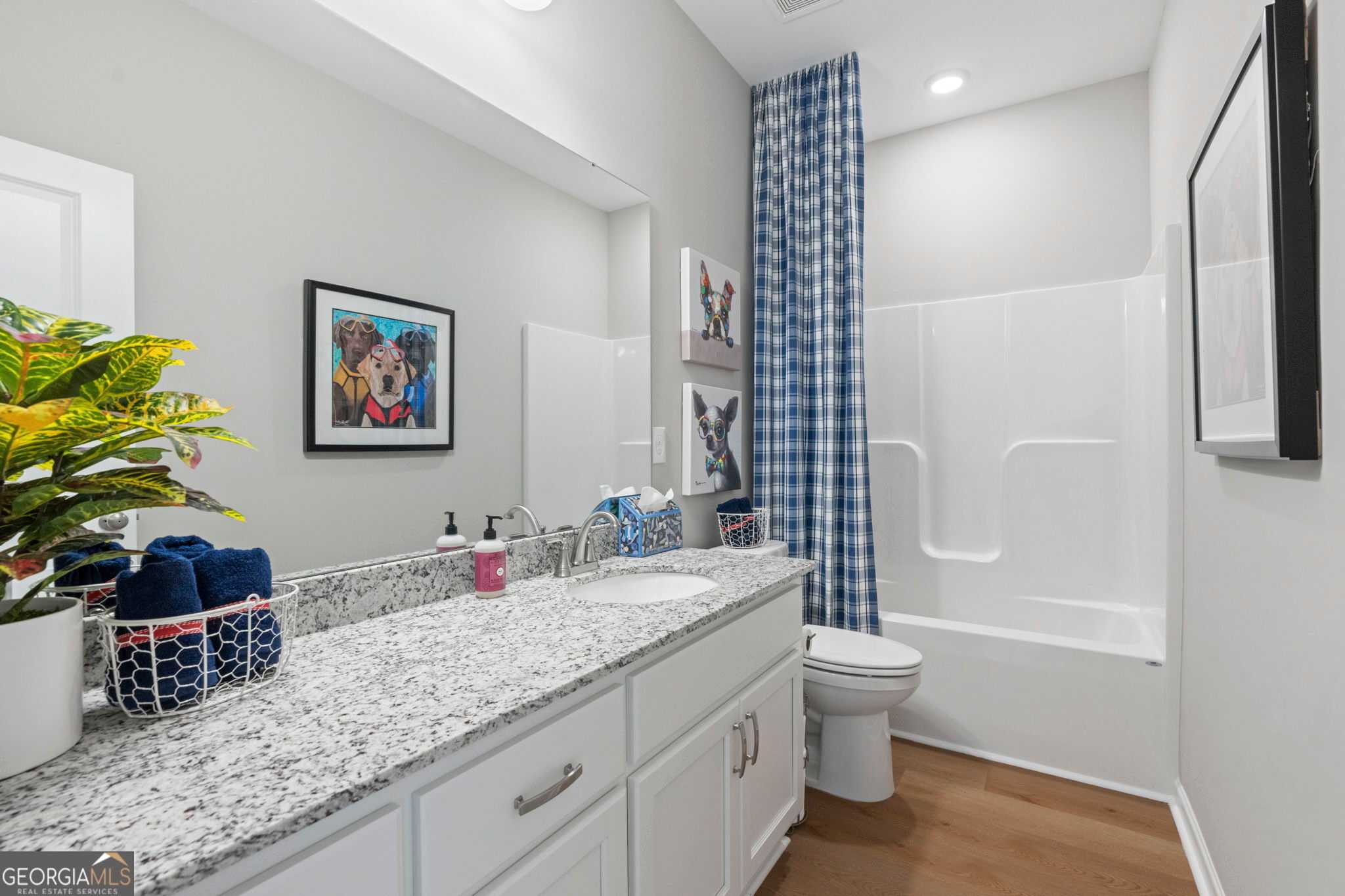Modern guest bathroom with granite vanity, white cabinets, bathtub, and dog art in Evermore Homes The Phoenix, Perry, GA