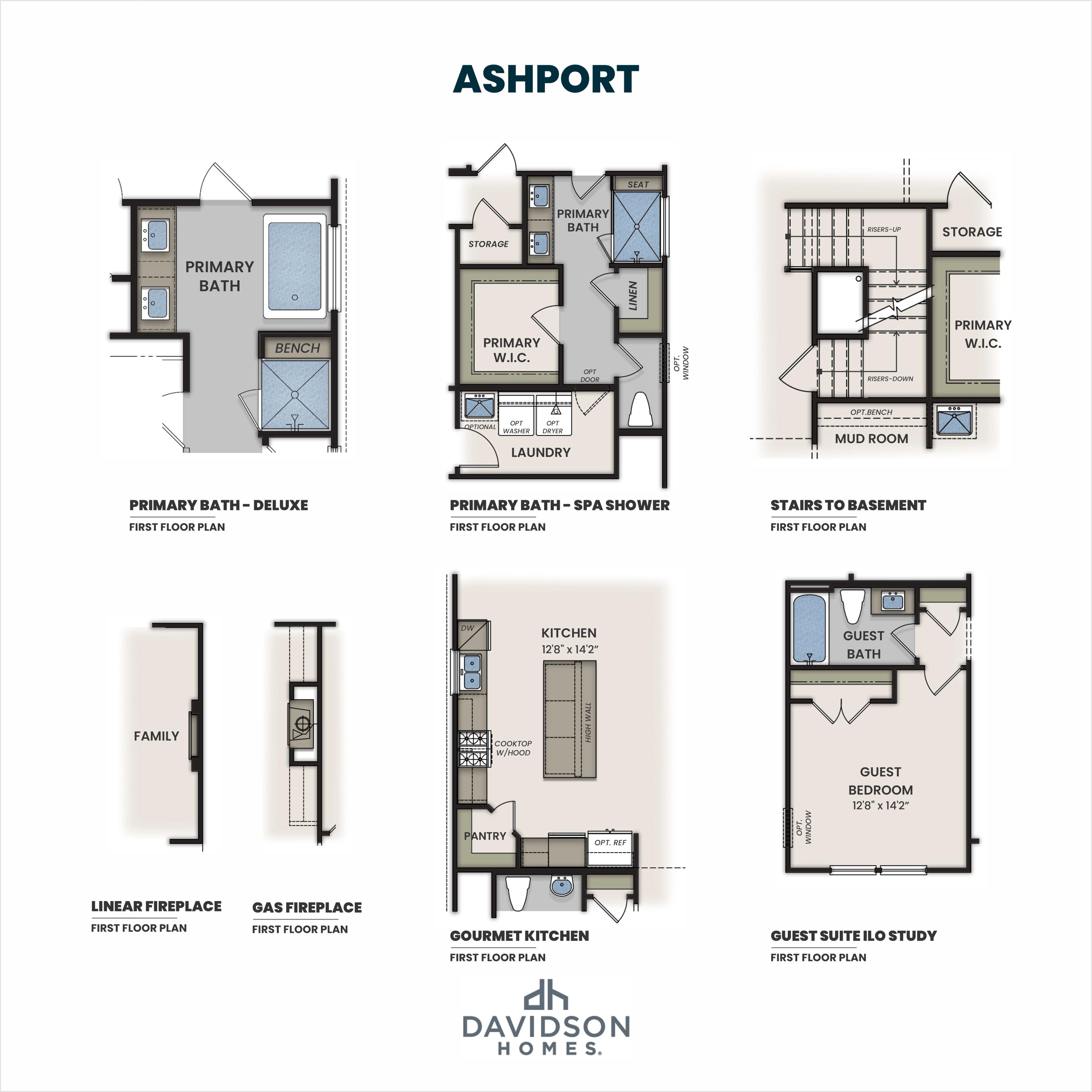 Ashport first floor plan variations by Davidson Homes: primary suite with spa bath, gourmet kitchen, fireplace, and guest suite
