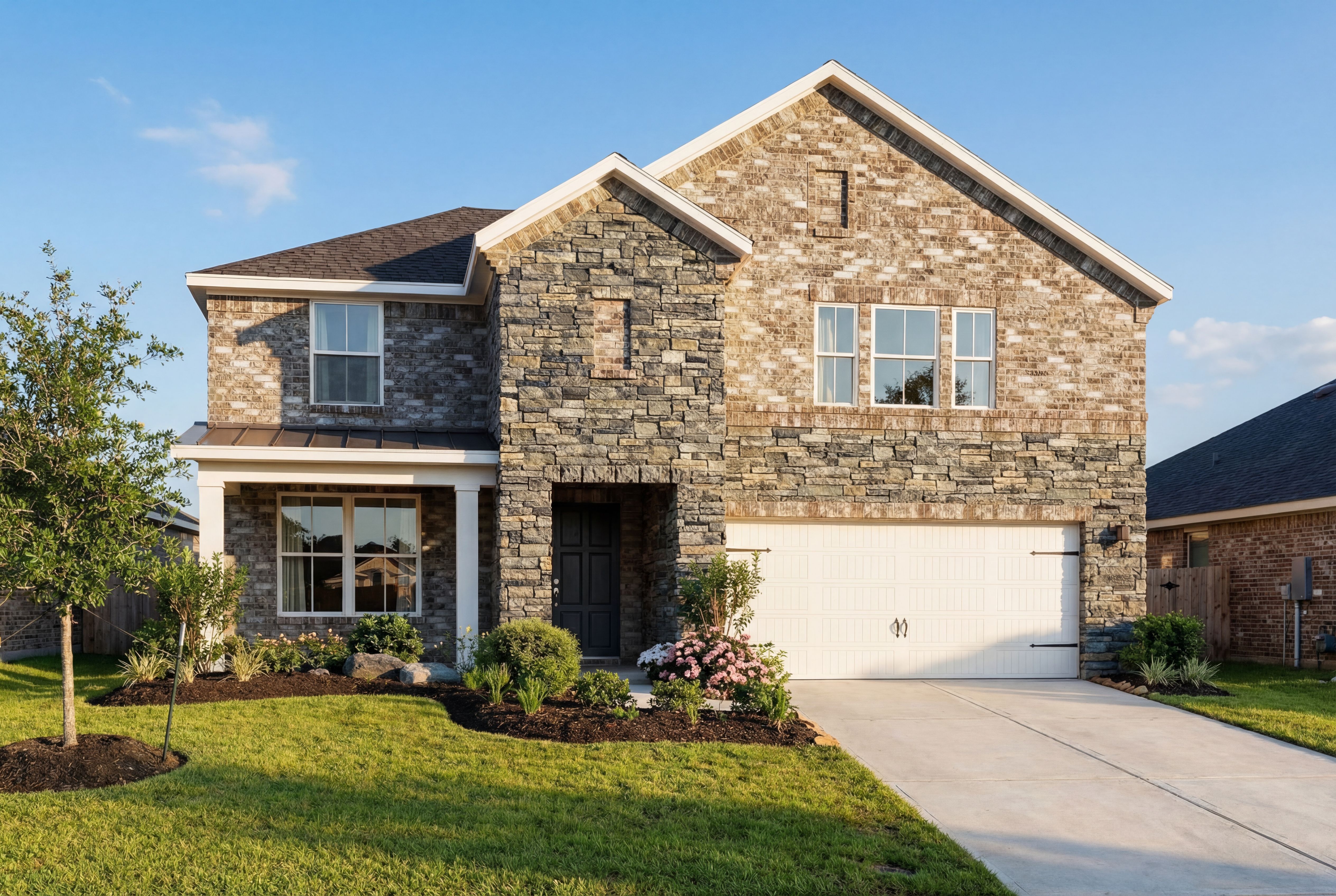 Two-story Sequoia C home elevation with stone brick facade, gabled roof, covered porch, two-car garage, and lush landscaping in Crosby Texas