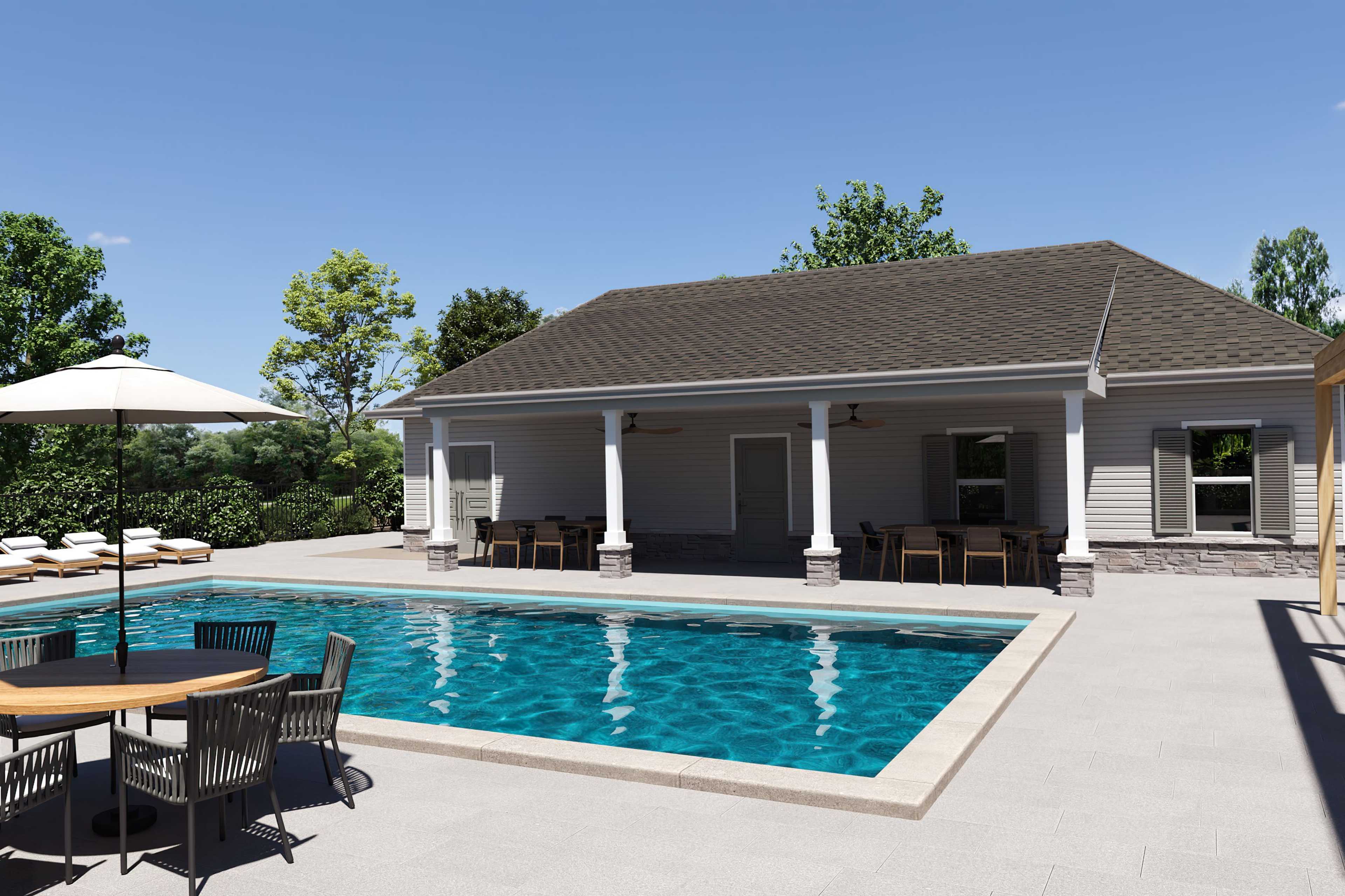 Resort-style pool and clubhouse at Kelly Preserve in Loganville GA with lounge chairs, umbrellas and covered porch