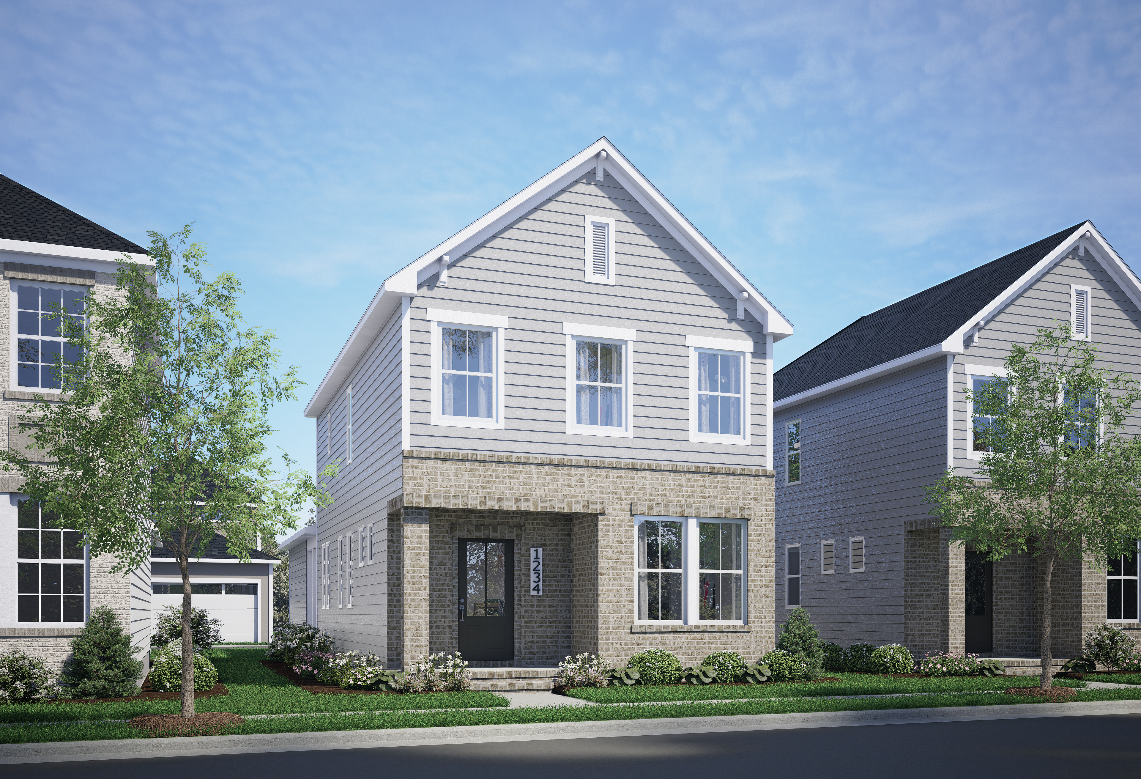 Modern two-story Alexander home by Davidson Homes featuring gray siding, brick base, attached garage, and landscaped yard in Knightdale NC