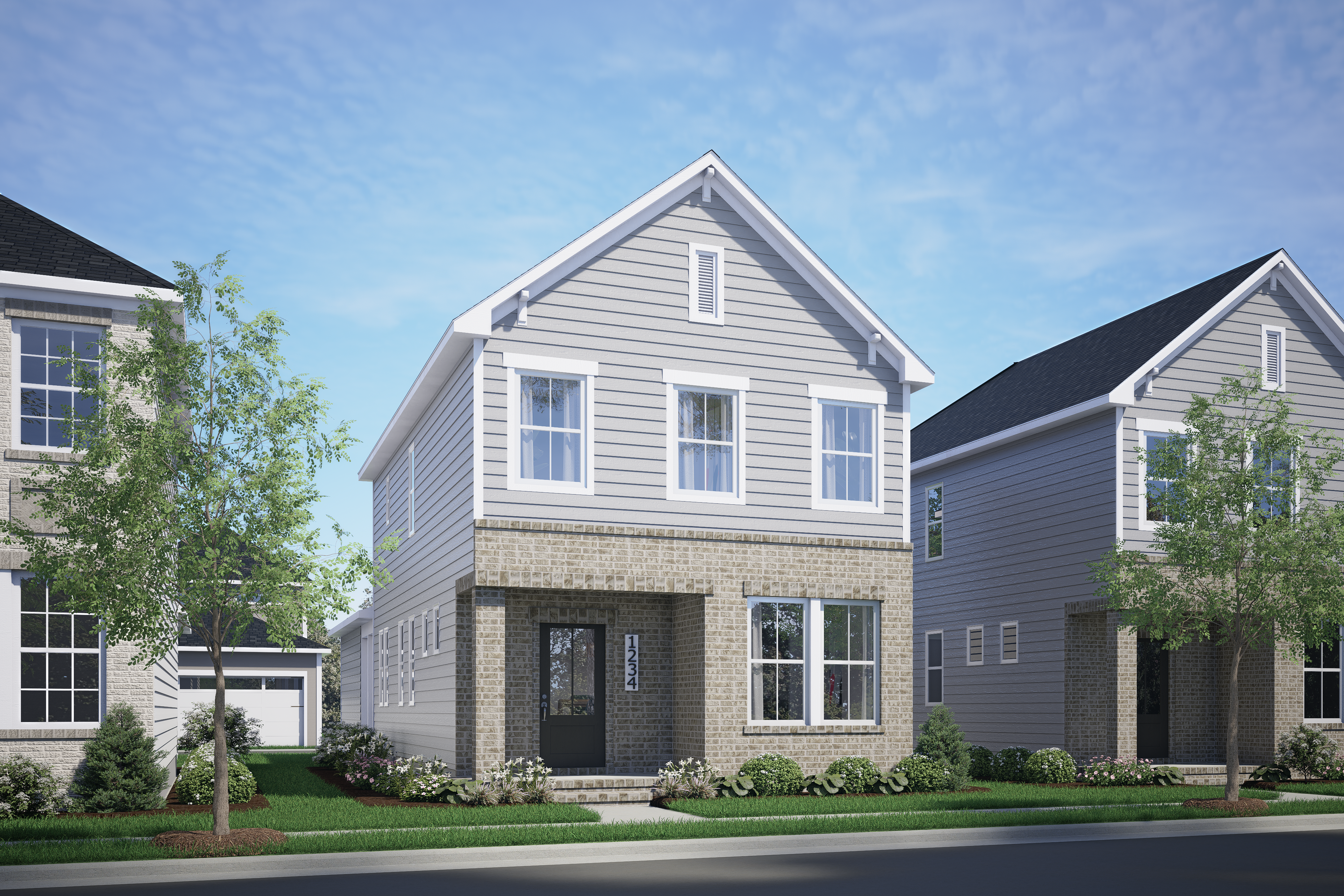 Modern two-story Alexander home by Davidson Homes featuring gray siding, brick base, attached garage, and landscaped yard in Knightdale NC