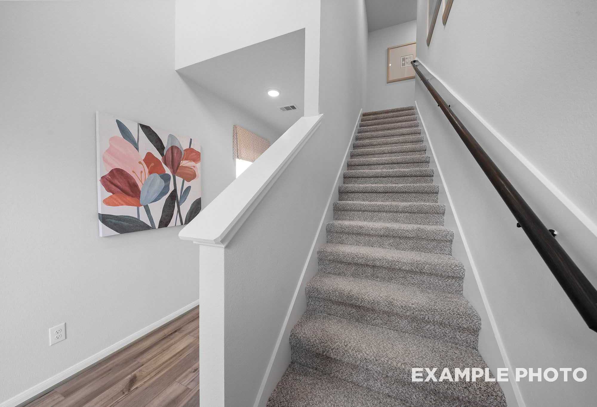 Spacious carpeted staircase in The Trinity two-story home featuring abstract floral wall art and sleek wooden handrail
