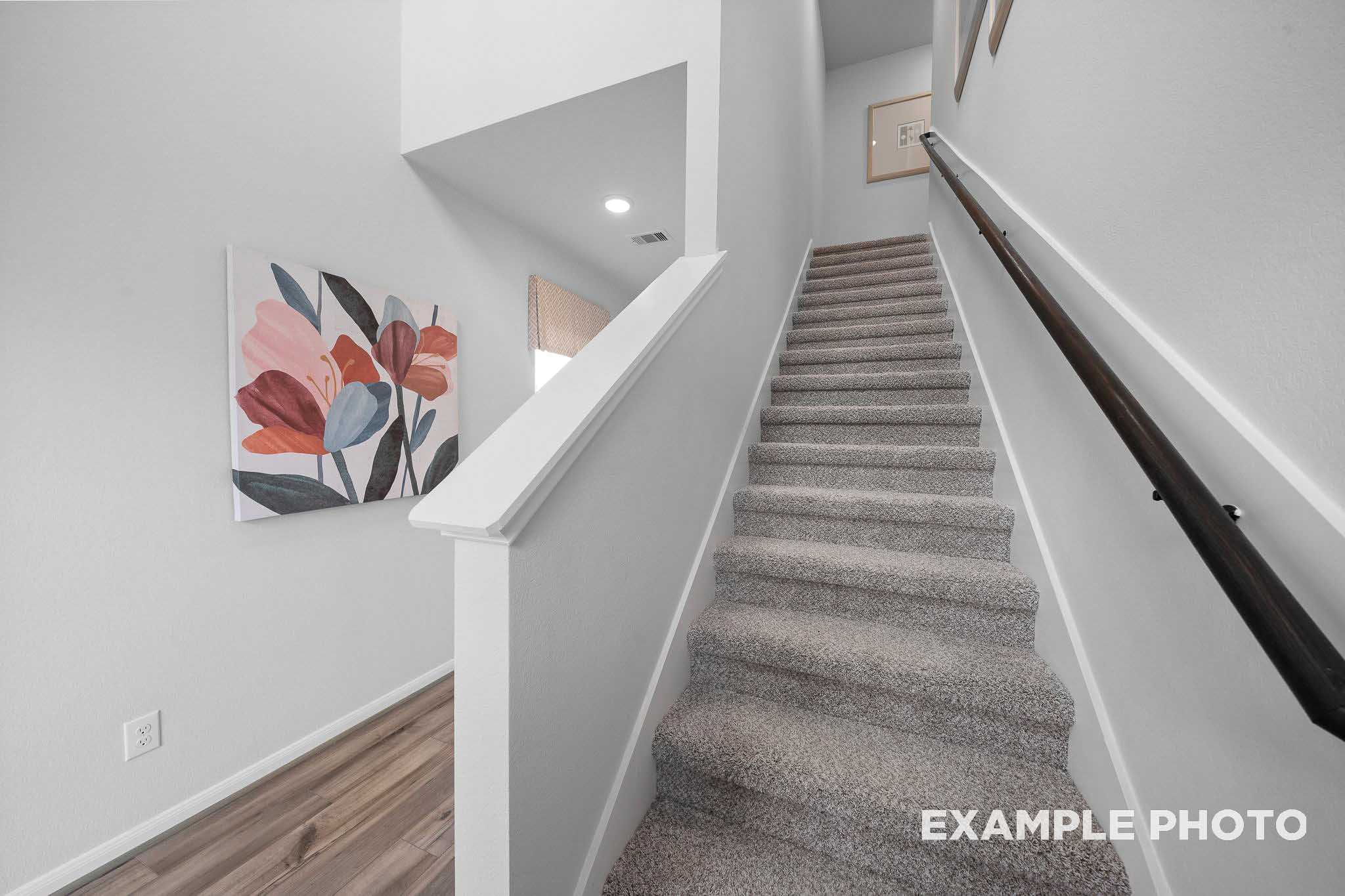 Spacious carpeted staircase in The Trinity two-story home featuring abstract floral wall art and sleek wooden handrail