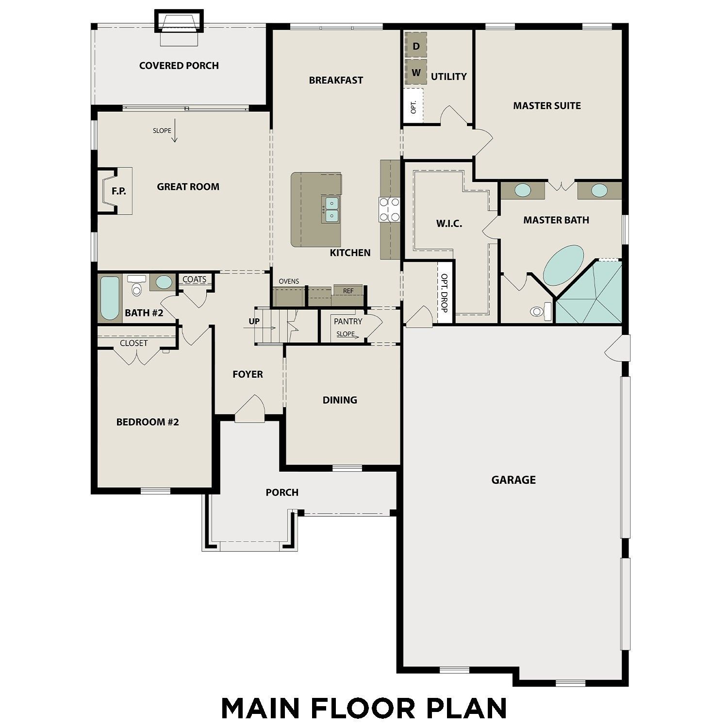 Main floor plan of The Hawkins 4-bedroom home featuring open great room, kitchen island, master suite, and 3-car garage in Shelton Square, Murfreesboro