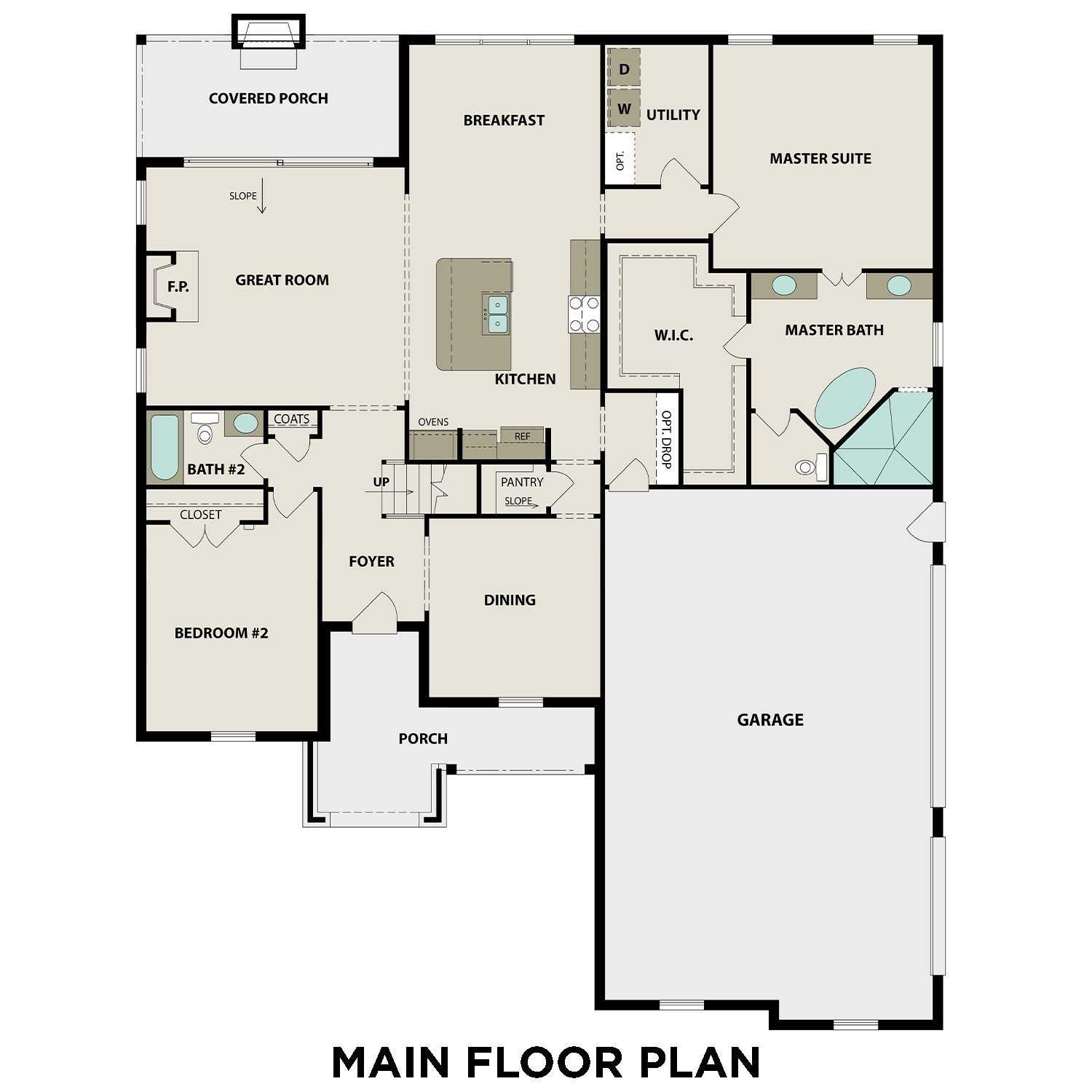 Main floor plan of The Hawkins 4-bedroom home featuring open great room, kitchen island, master suite, and 3-car garage in Shelton Square, Murfreesboro