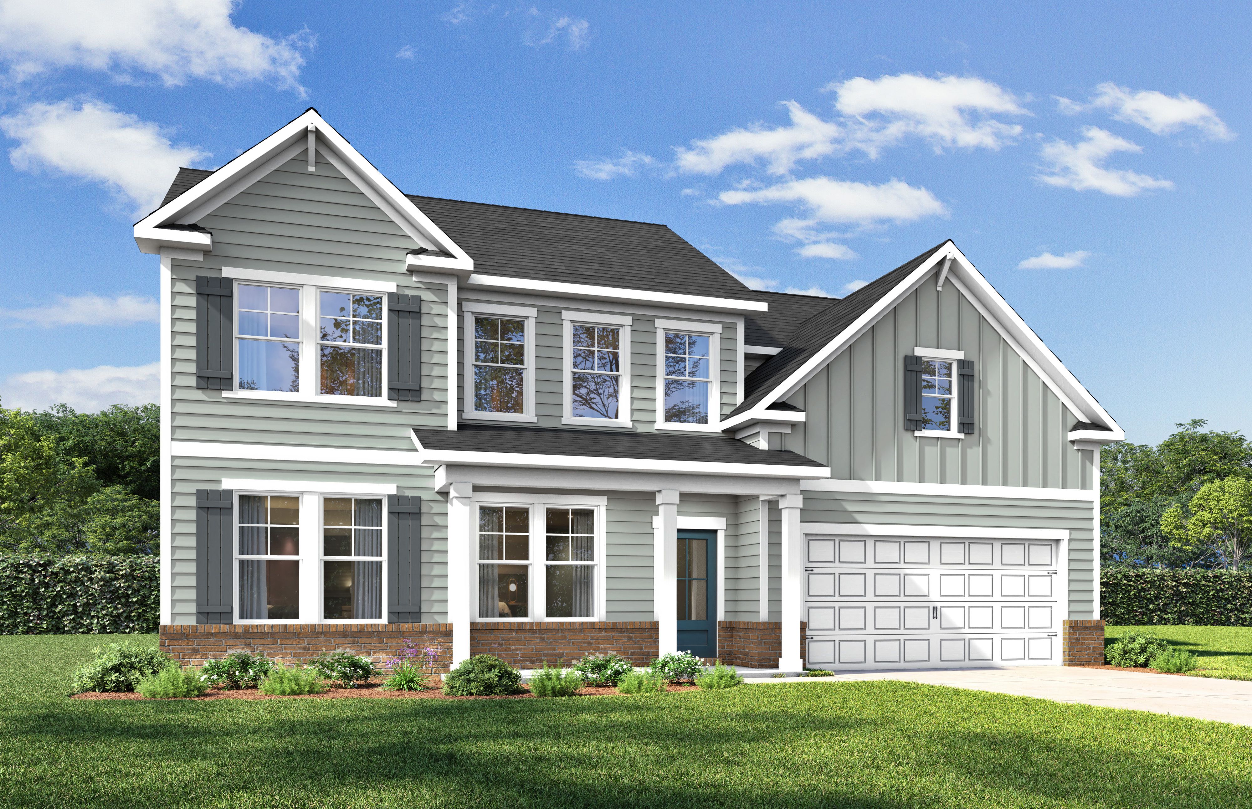 Two-story Barrington A elevation with brick accents, white siding, dark shutters, two-car garage, and front porch landscaping