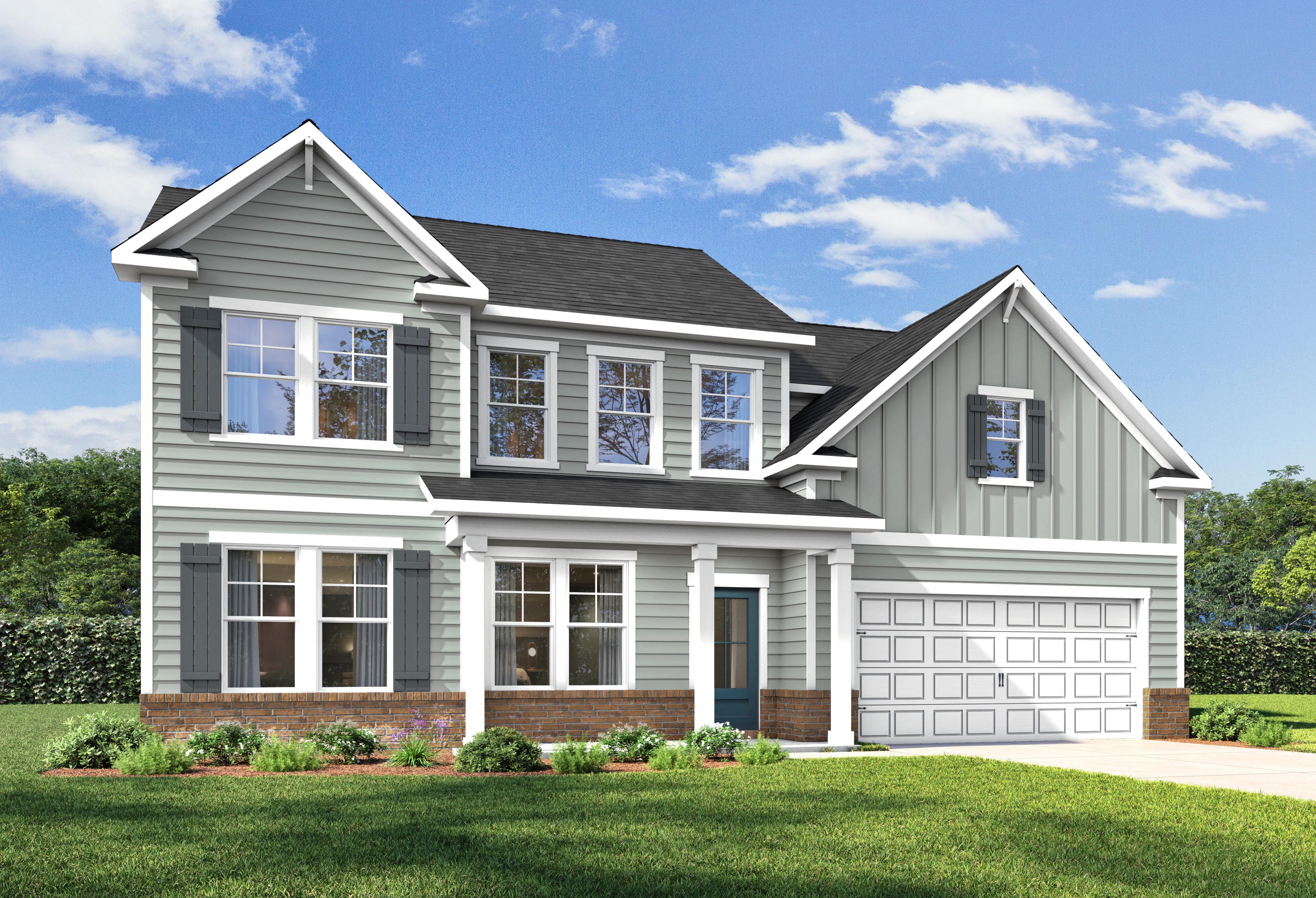Two-story Barrington A elevation with brick accents, white siding, dark shutters, two-car garage, and front porch landscaping