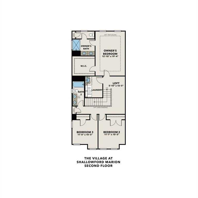 Second floor plan of The Marion C with owner's suite, loft, bedrooms 2-3, baths, laundry in Davidson Homes, Winder, GA