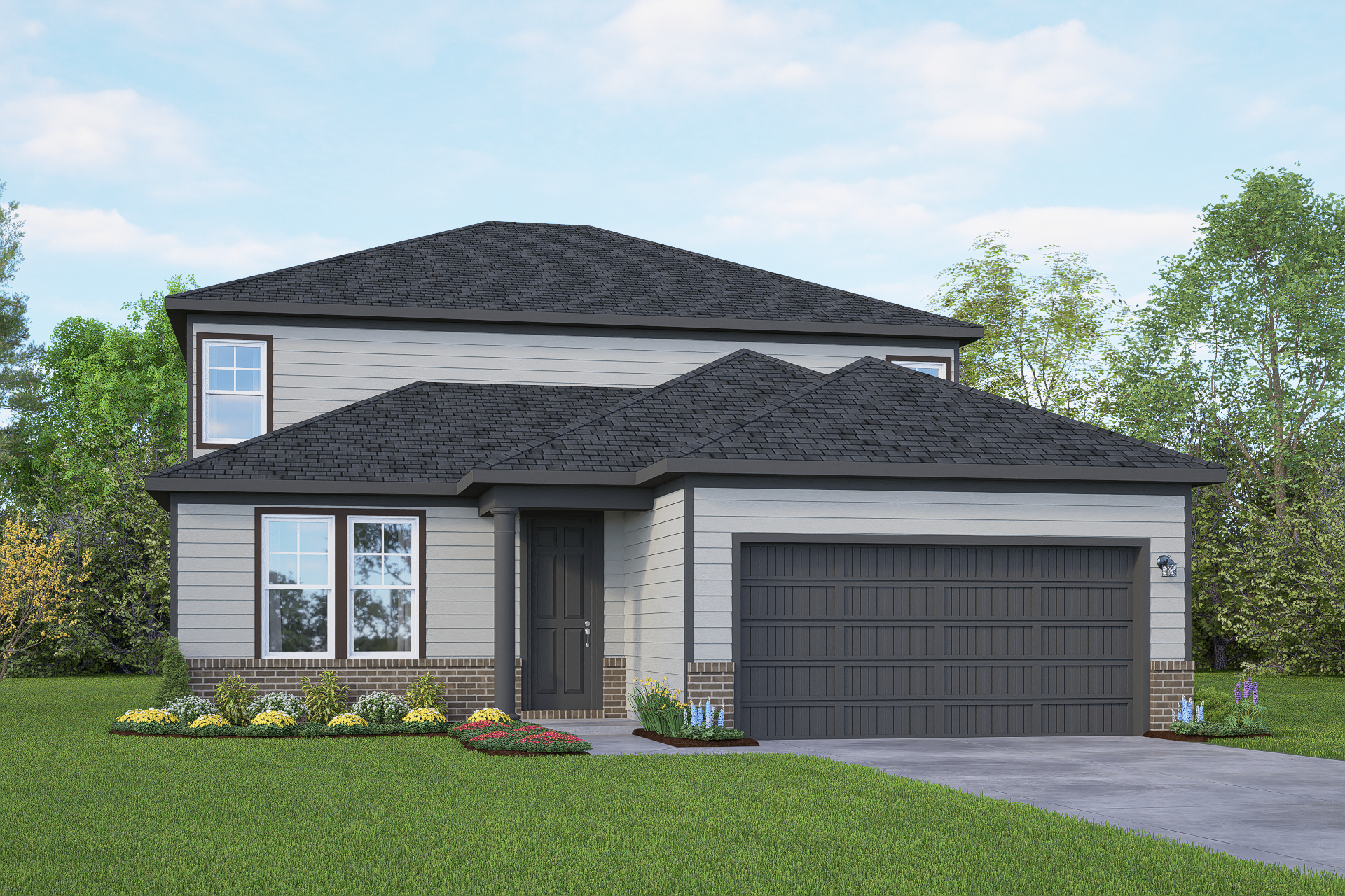 Modern two-story Douglas A home elevation with gray siding, black shingle roof, two-car garage, and landscaped front yard in Converse Texas