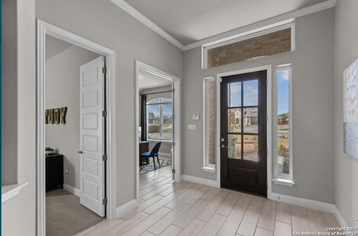 Welcoming entry foyer with dark wood front door, transom window, and gray walls in The Garner B 4-bedroom home, Ladera, San Antonio