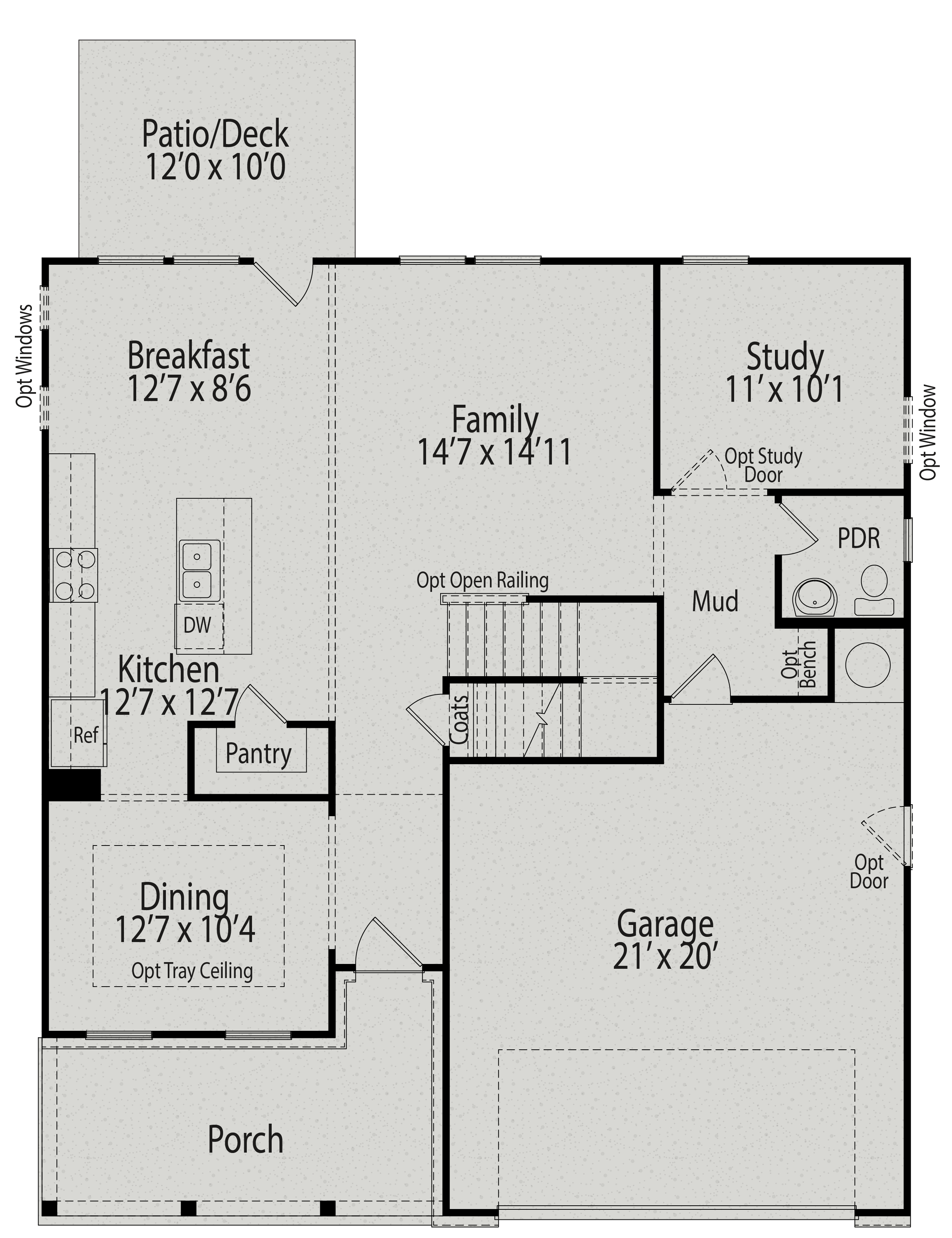 Main floor plan of The Willow B home design showcasing open kitchen, family room, dining area, study, and 2-car garage in Wendell NC