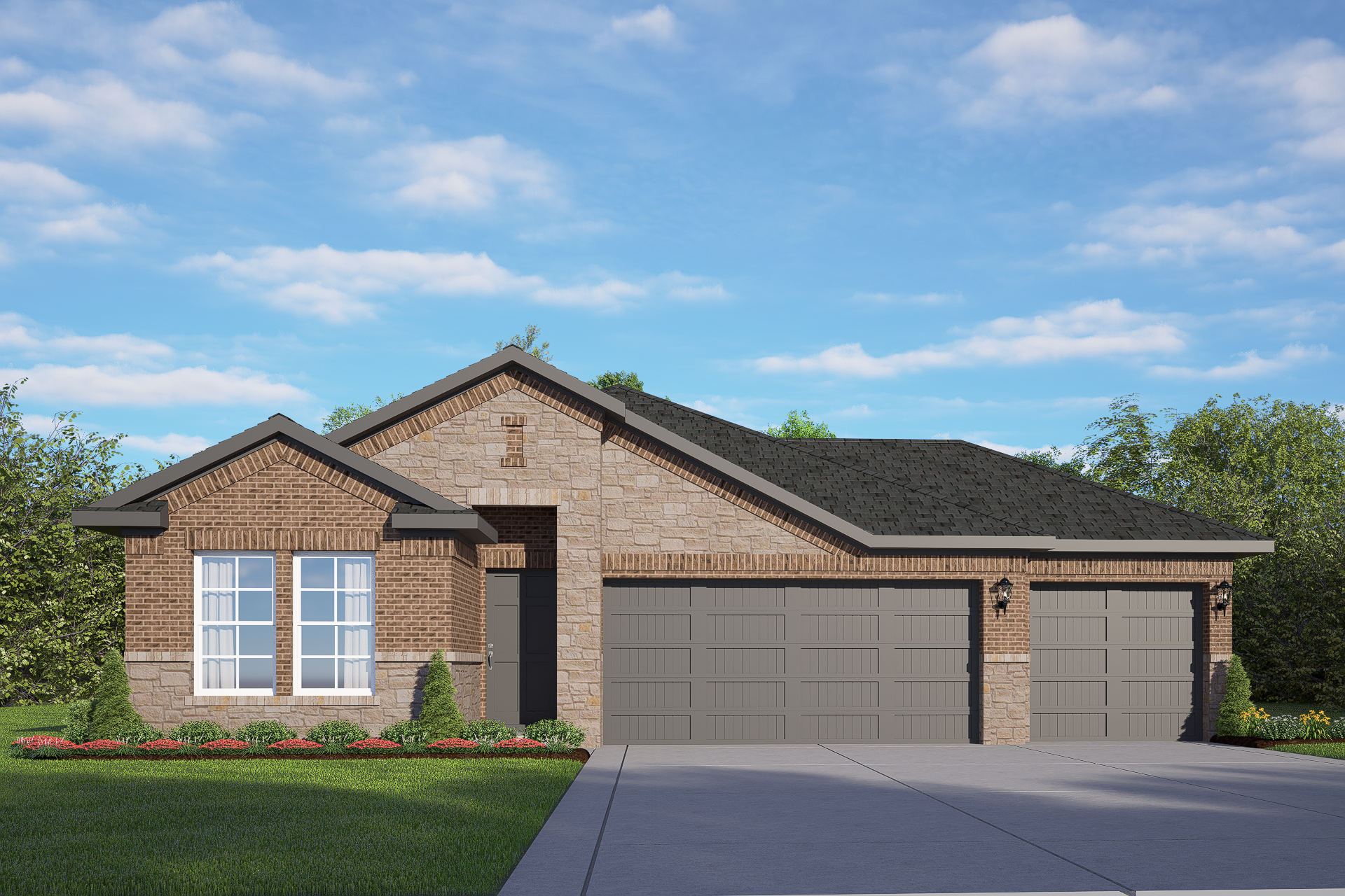 Front elevation of The Laguna C 3-car garage home with brick facade, large windows, and landscaped driveway in Rosharon TX