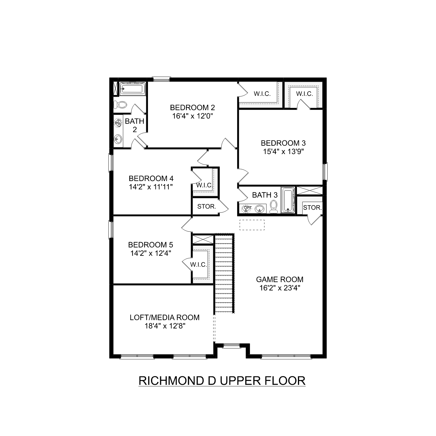 Second floor layout of The Richmond D featuring four bedrooms, a game room, loft, and two full bathrooms.