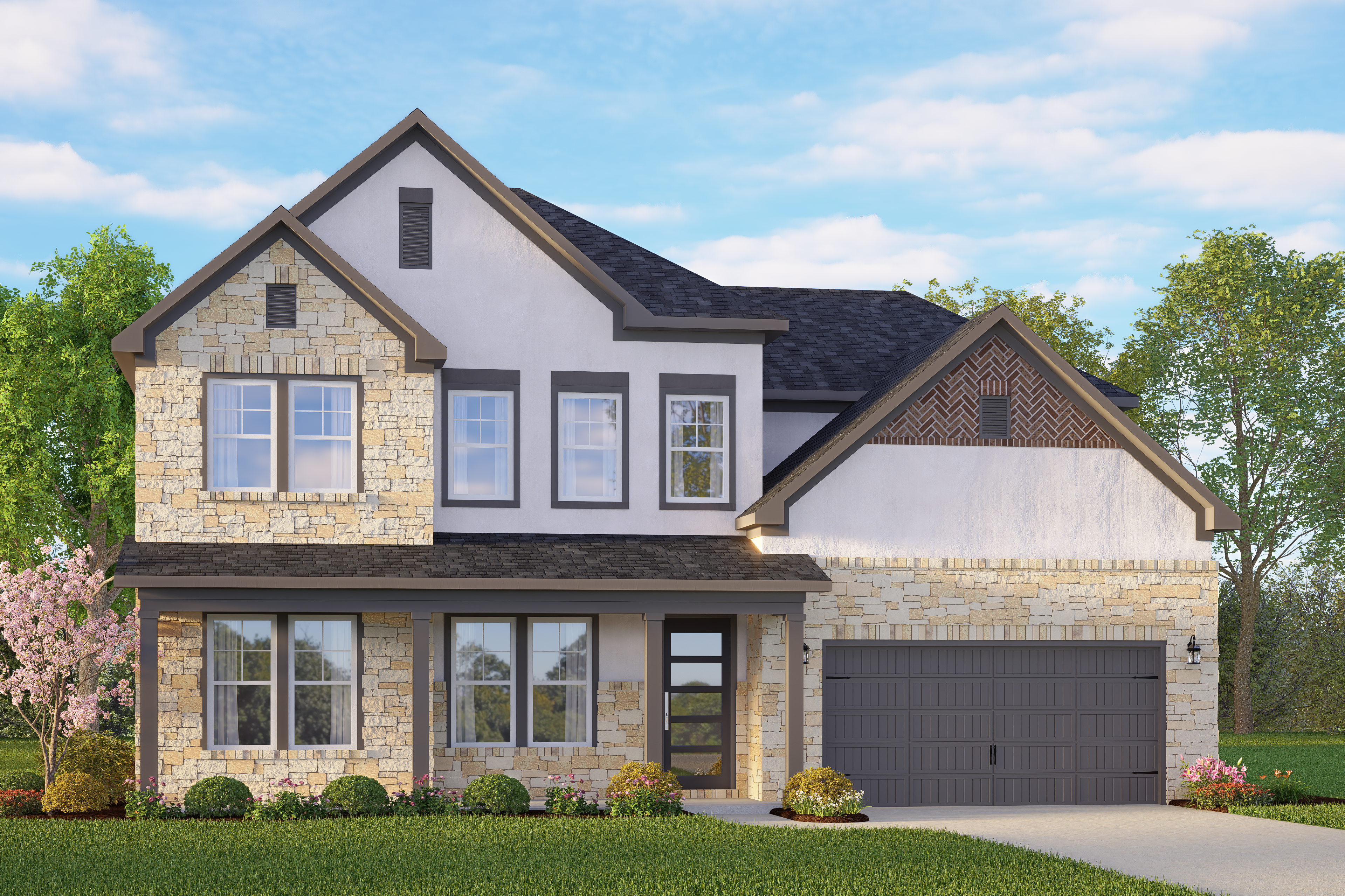 Modern two-story The Belmont home elevation with stone accents, white siding, covered porch, and two-car garage amid lush landscaping