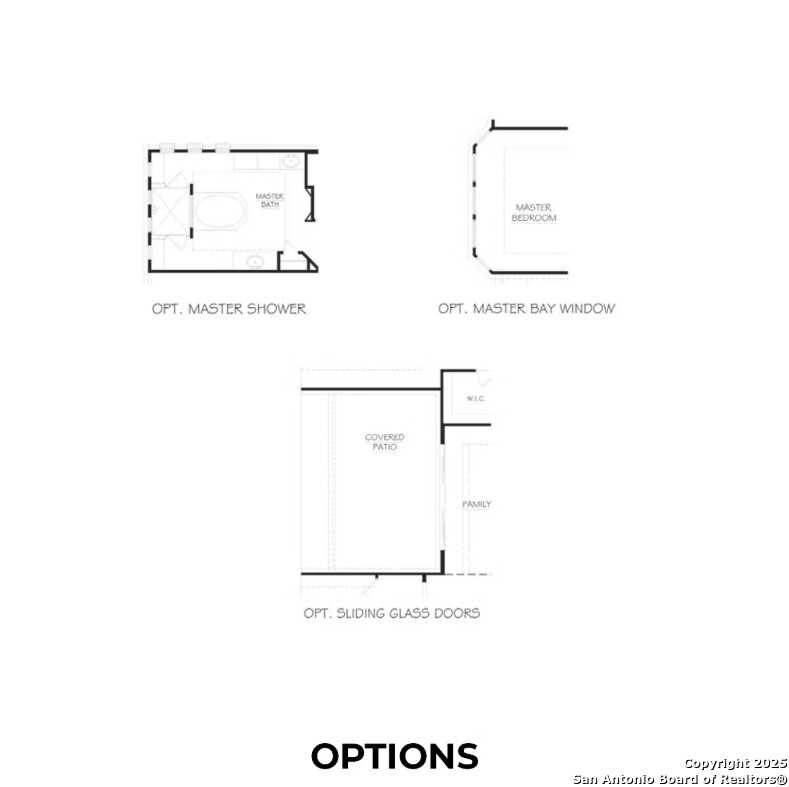 Optional master shower, bay window, covered patio, and sliding glass doors in The Summerlin B floor plan, Castroville, Texas