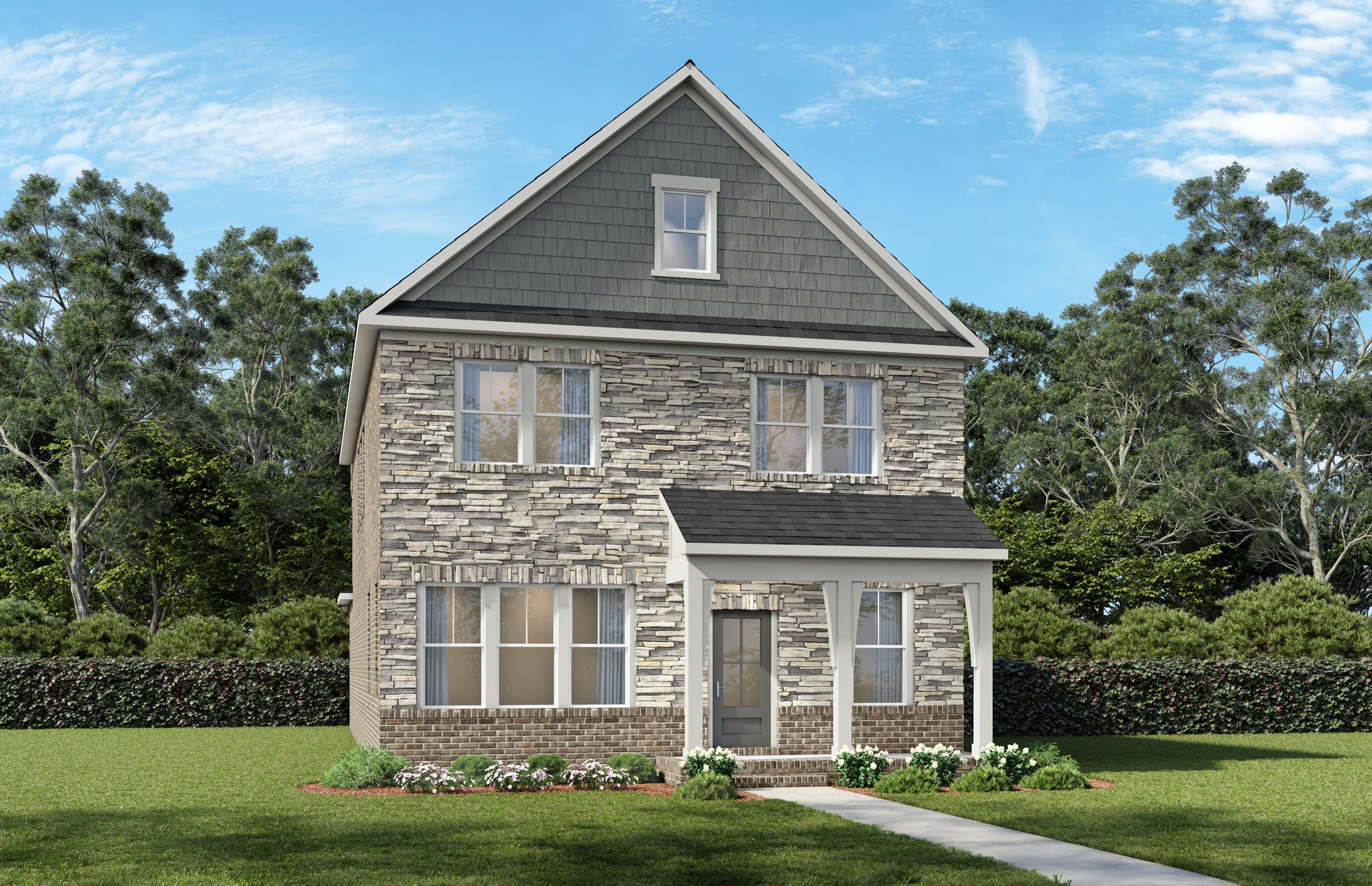 Front elevation of The Beaumont by Davidson Homes, a 2-story brick and stone single-family home in Mt. Juliet, TN.