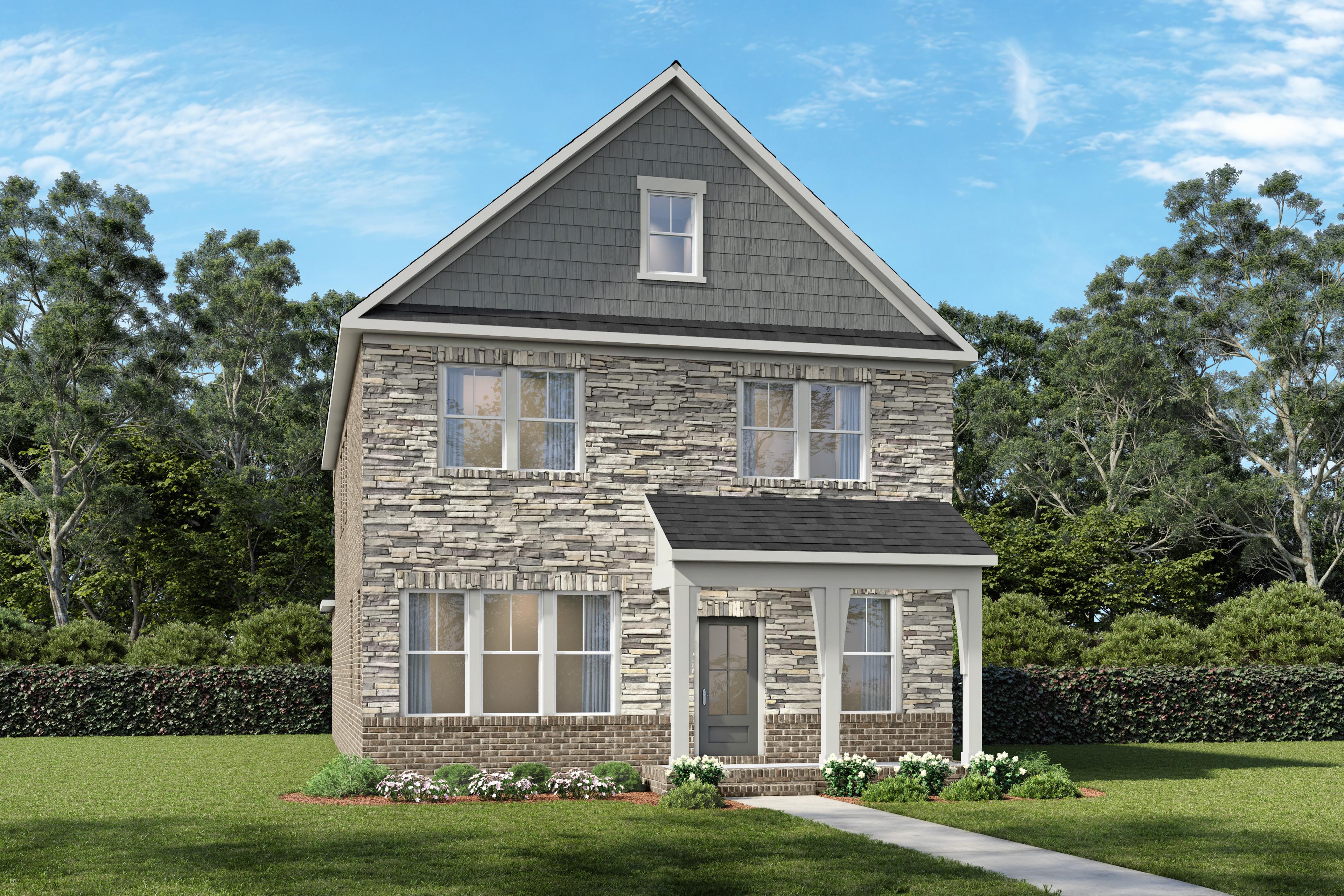 Front elevation of The Beaumont by Davidson Homes, a 2-story brick and stone single-family home in Mt. Juliet, TN.