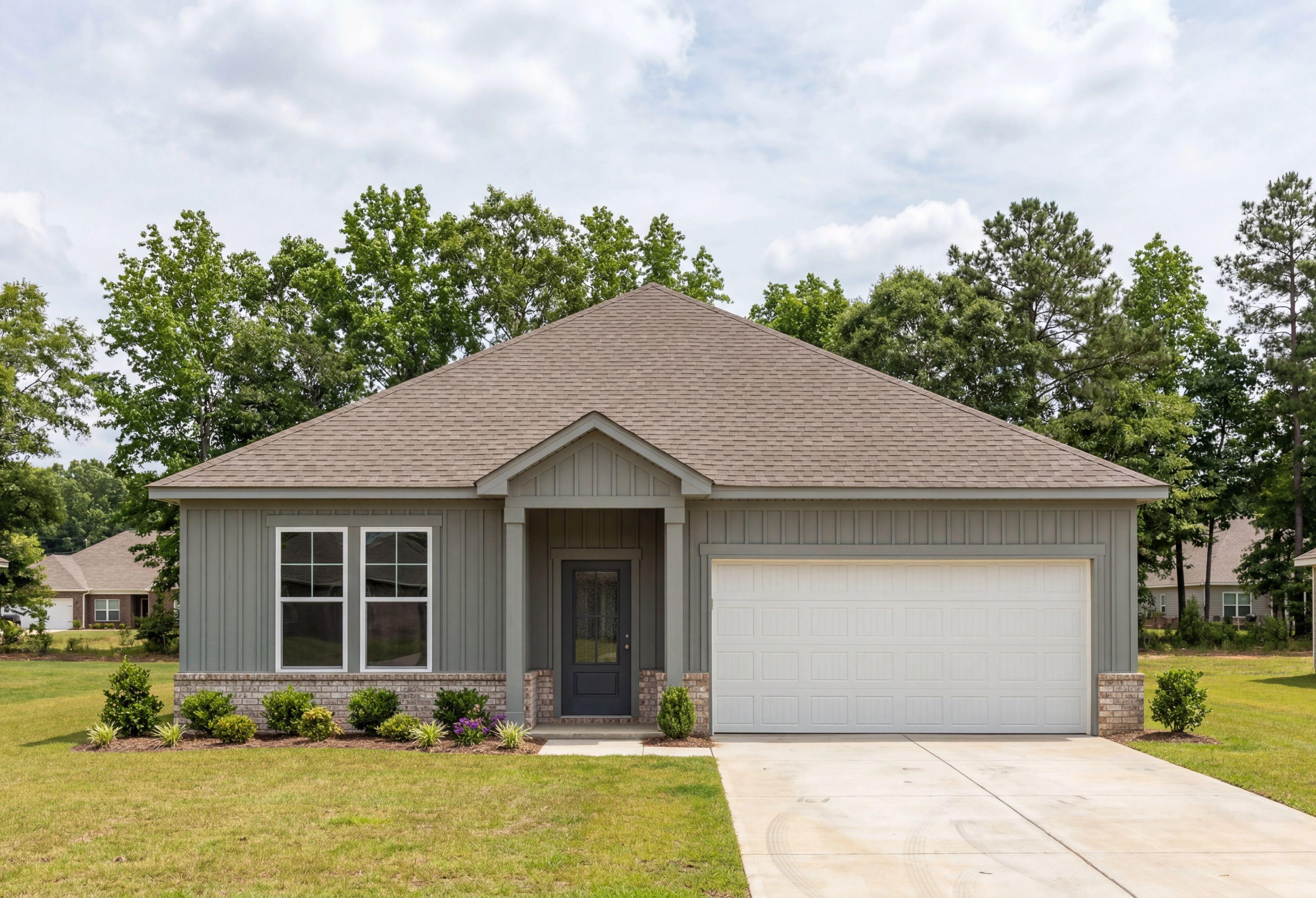 The Laurel J single-family home in Cullman, Alabama features a 1-story design with cement-concrete siding and 2-car garage.