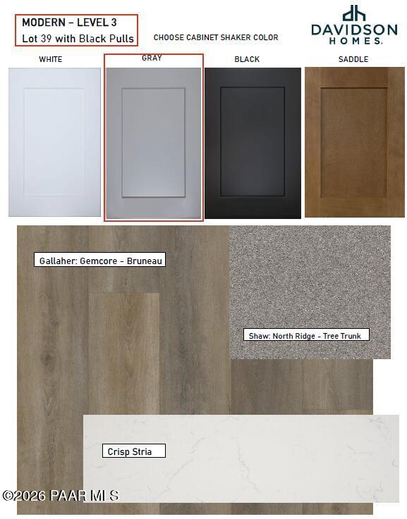 Modern Level 3 shaker cabinet colors: white, gray, black, saddle with black pulls; Gemcore Bruneau wood flooring, Shaw North Ridge Tree Trunk carpet, Crisp Stria quartz for Davidson Homes Lot 39 Prescott AZ